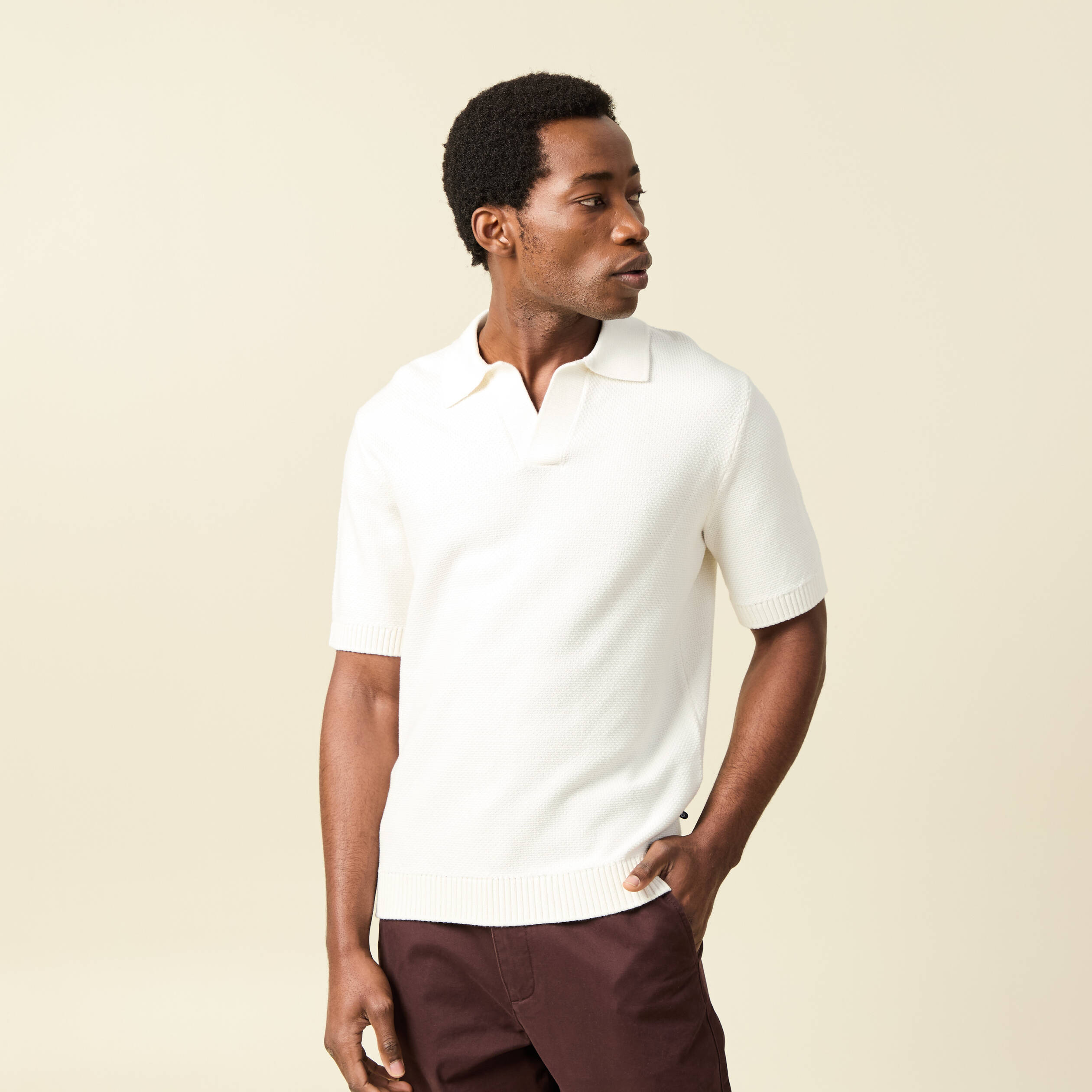 Polo ample col cubain manches courtes ecru homme