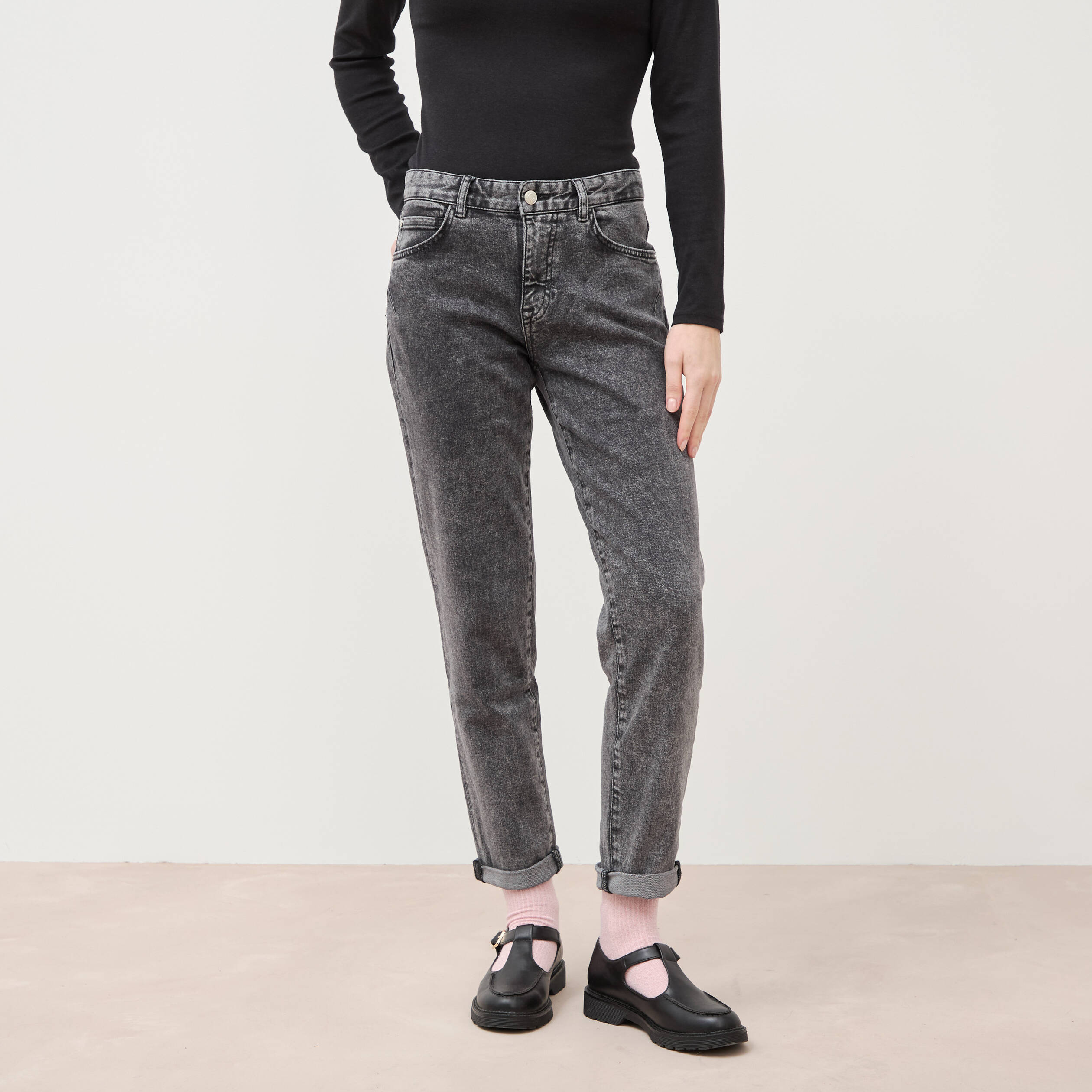 Jeans girlfriend 5 poches denim snow gris femme