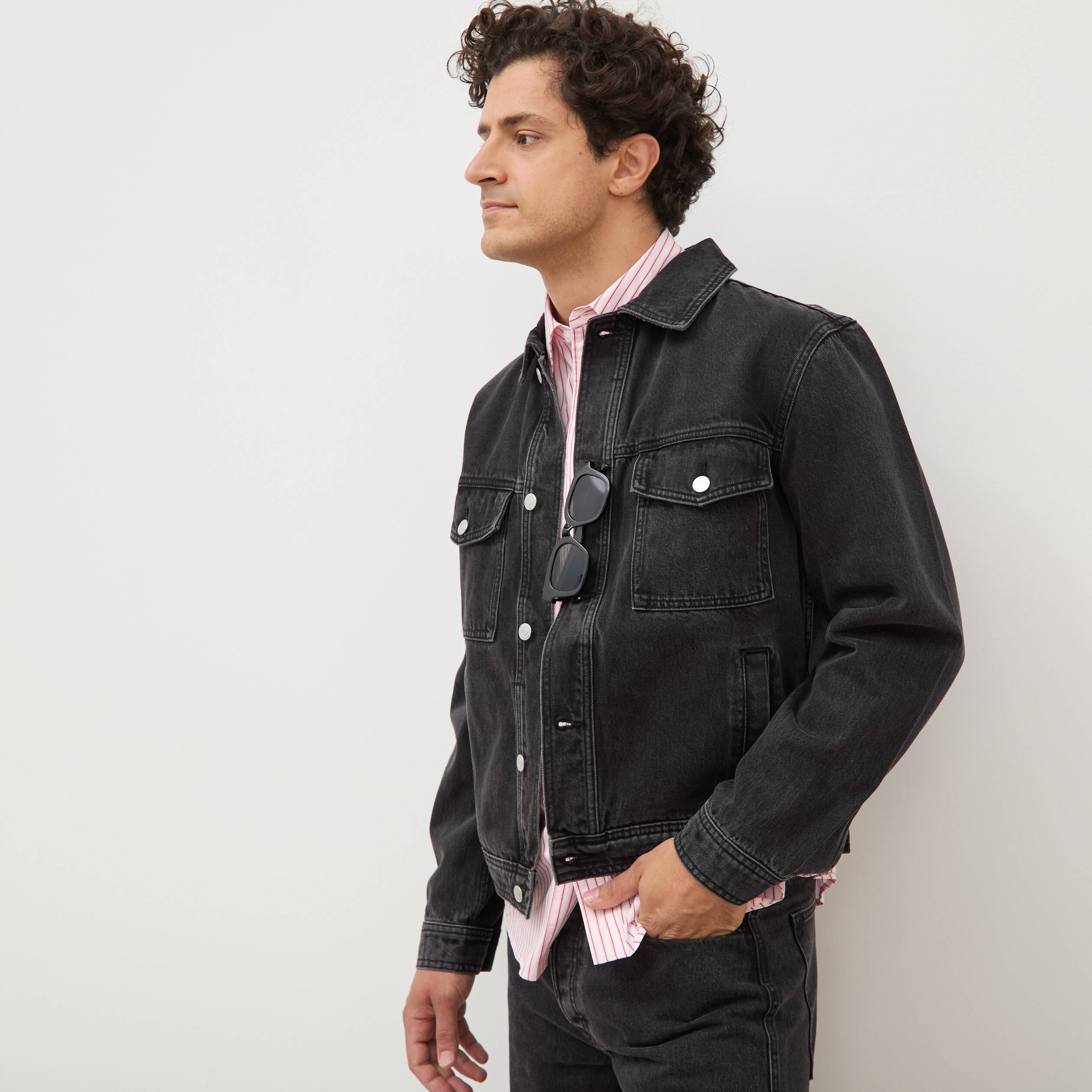 Veste droite en coton col classique denim noir homme