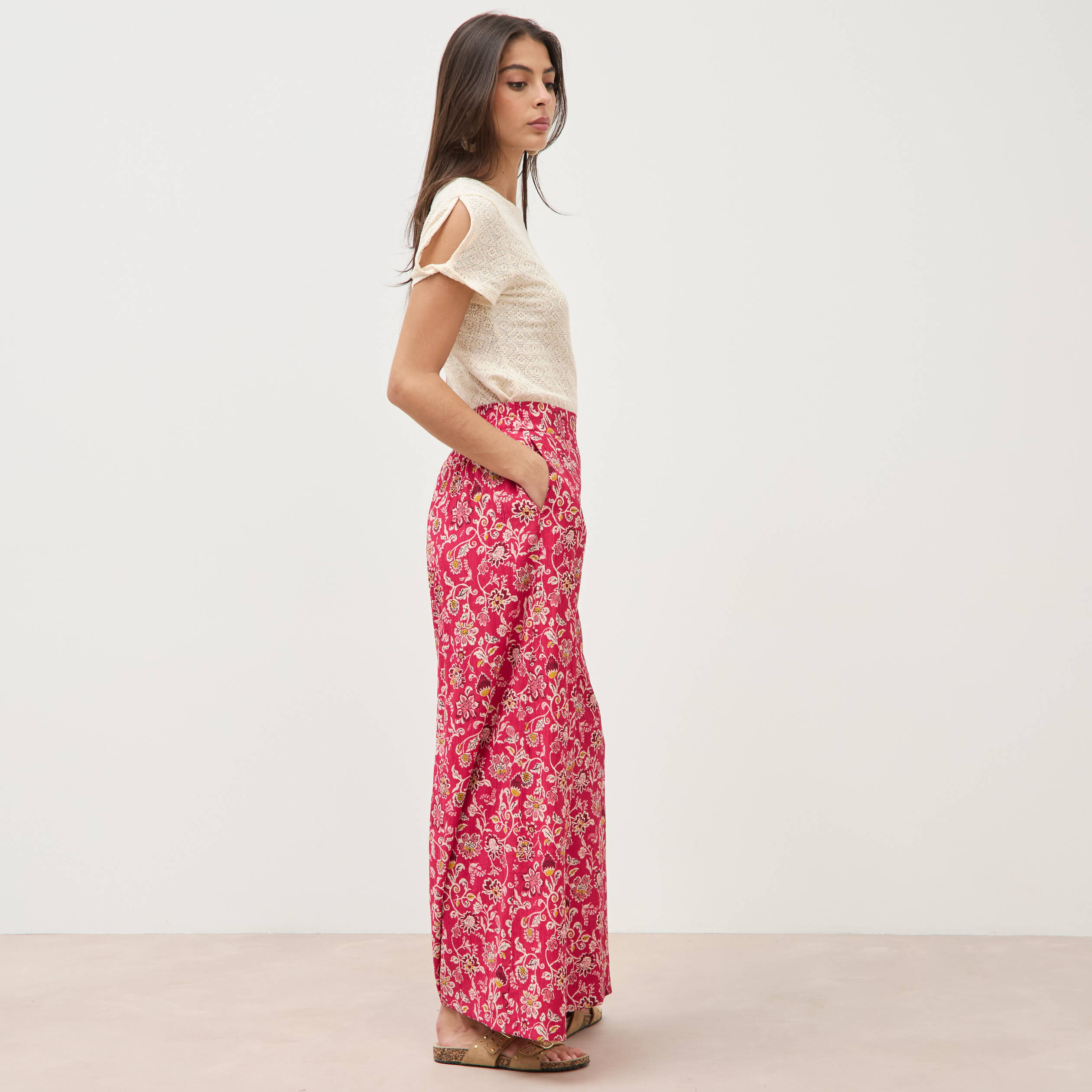 Pantalon large taille haute rouge cerise femme