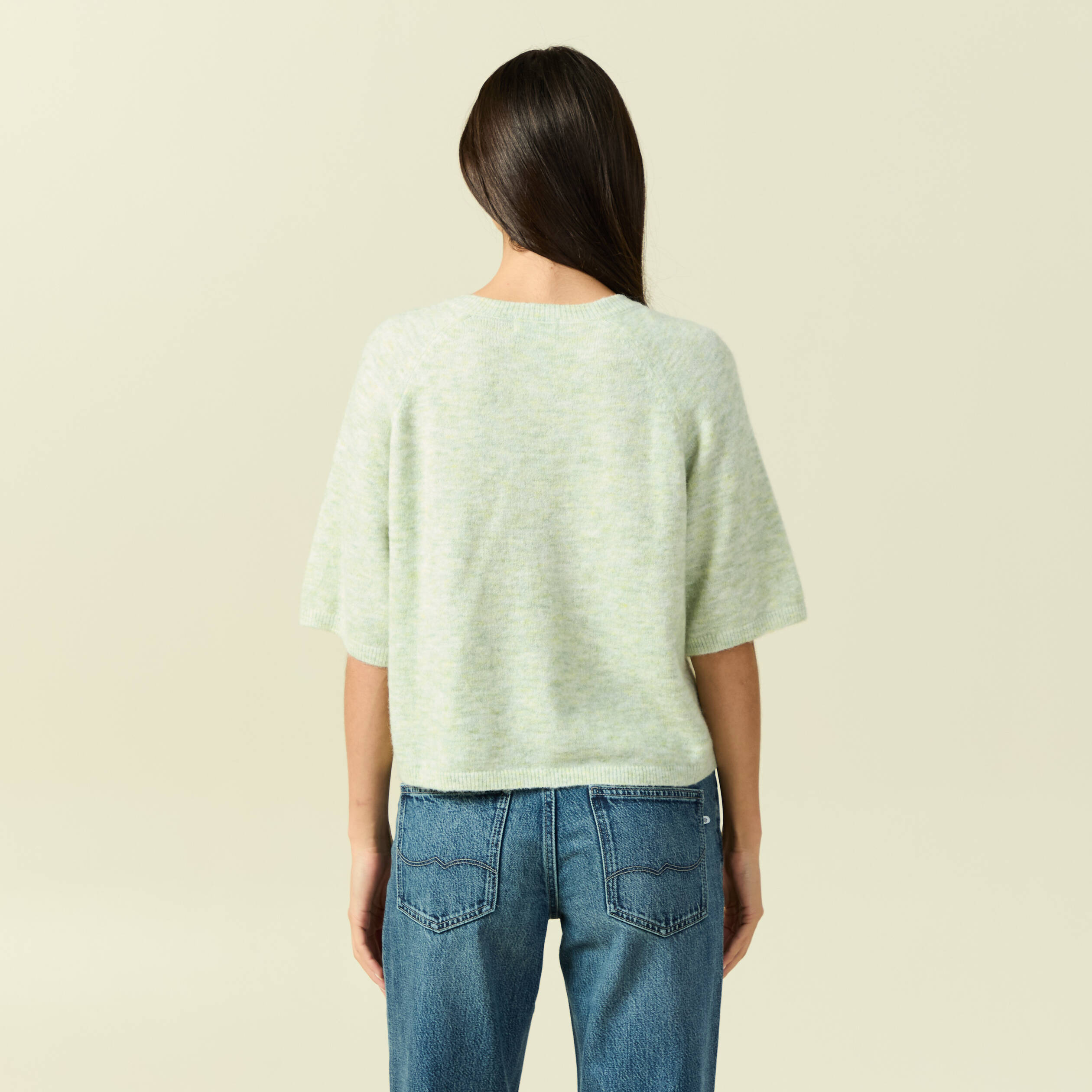 Pull col v manches 3/4 vert femme