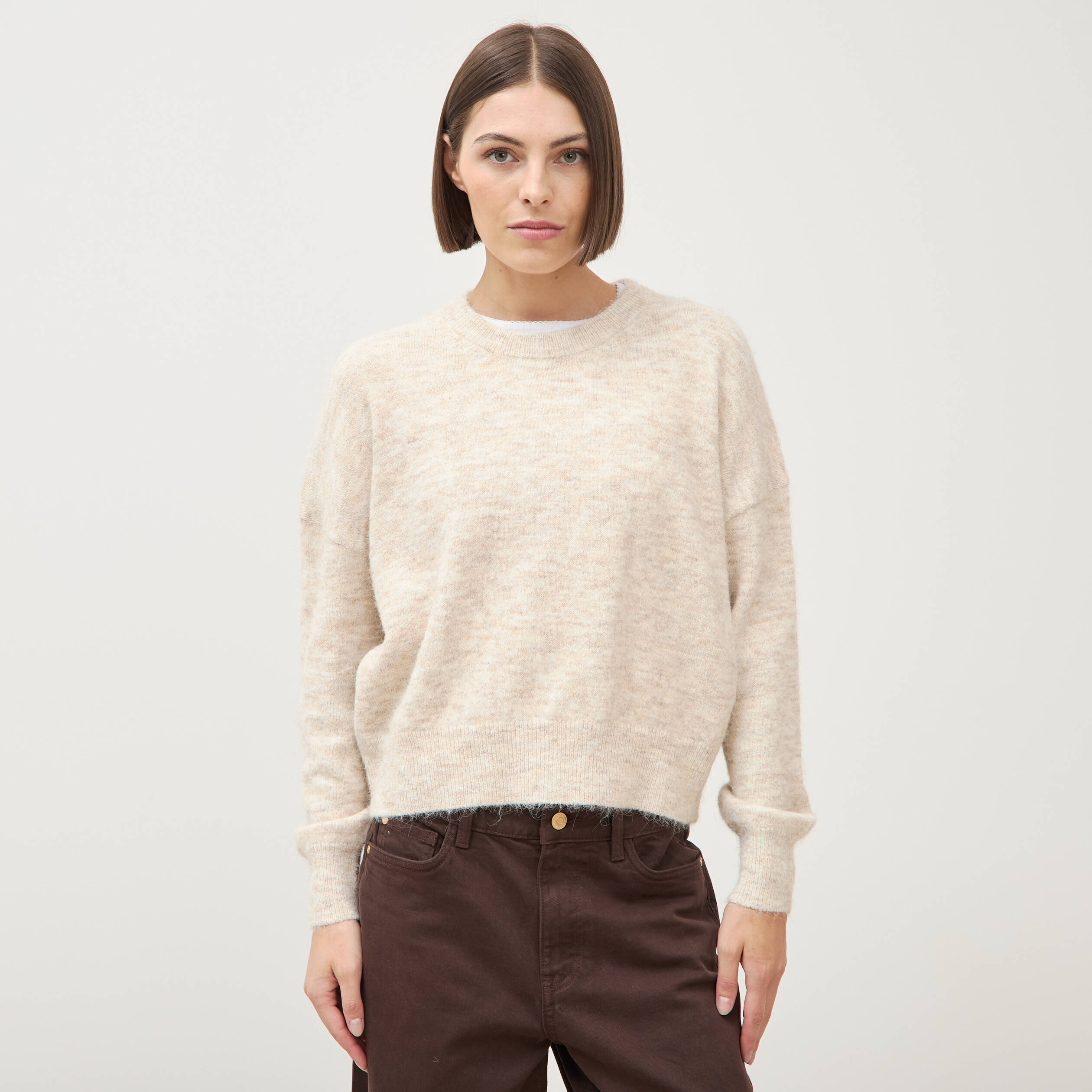 Pull droit manches longues col rond creme femme