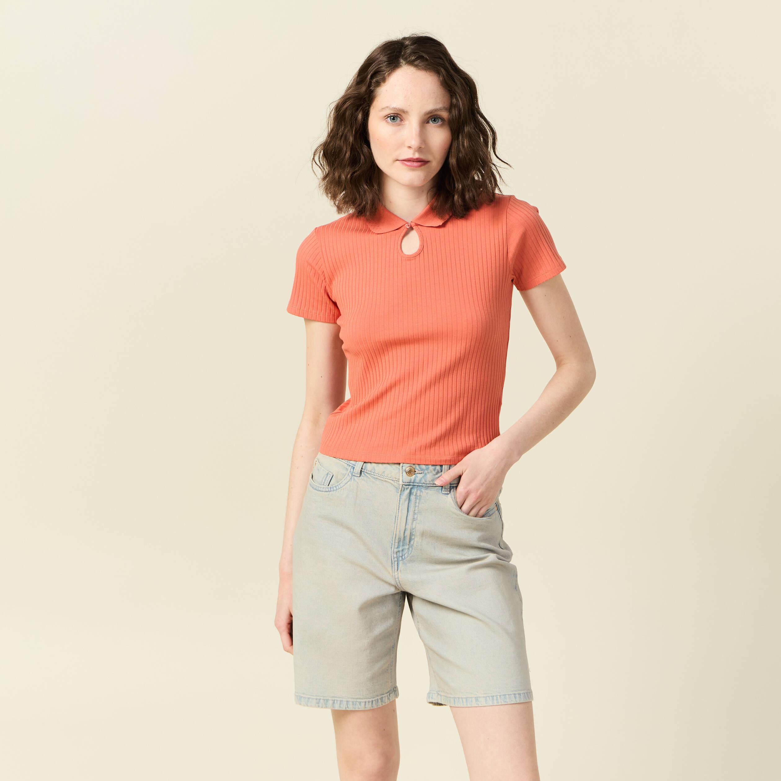 Polo manches courtes orange fonc&eacute; femme