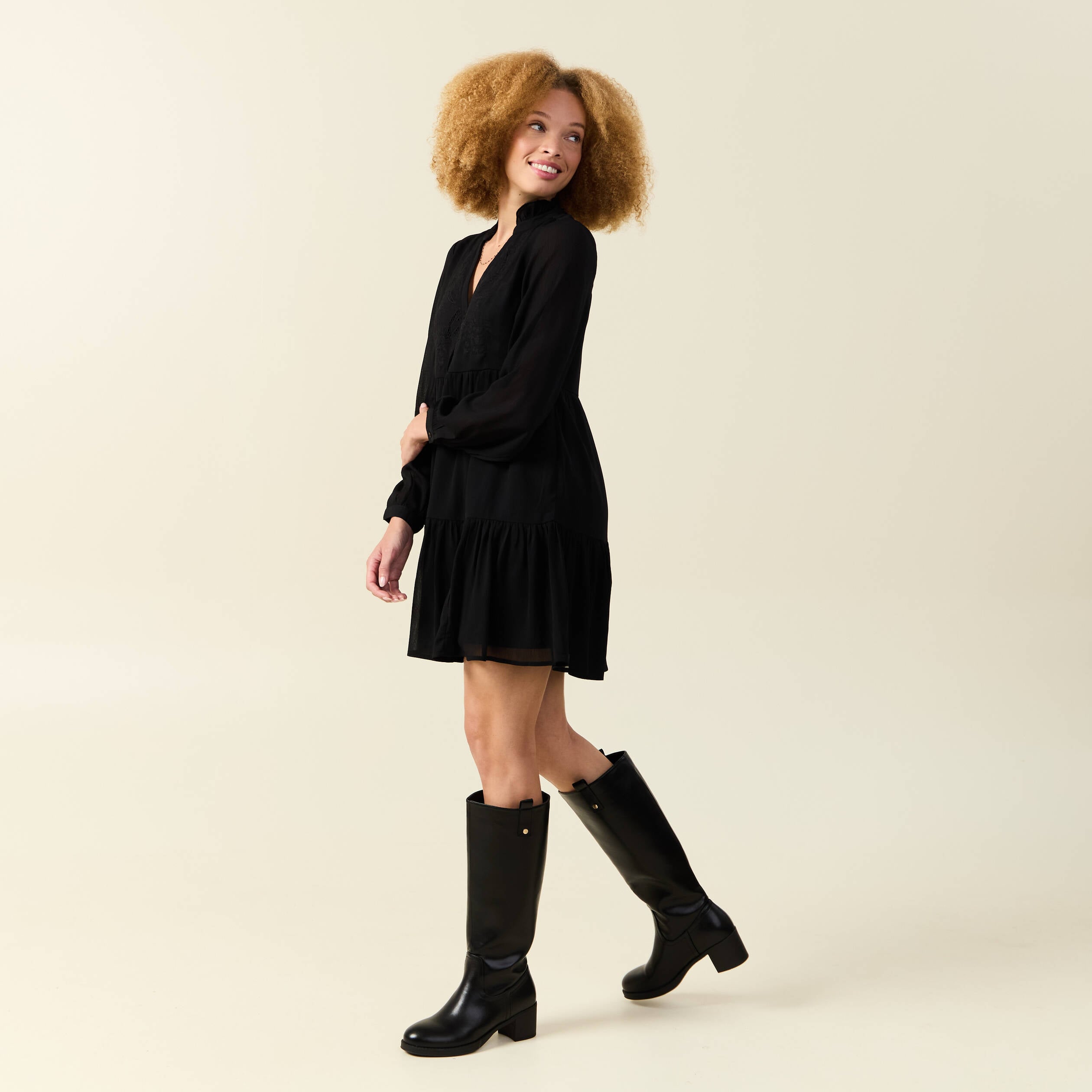 Robe manches longues doubl&eacute;e noir femme