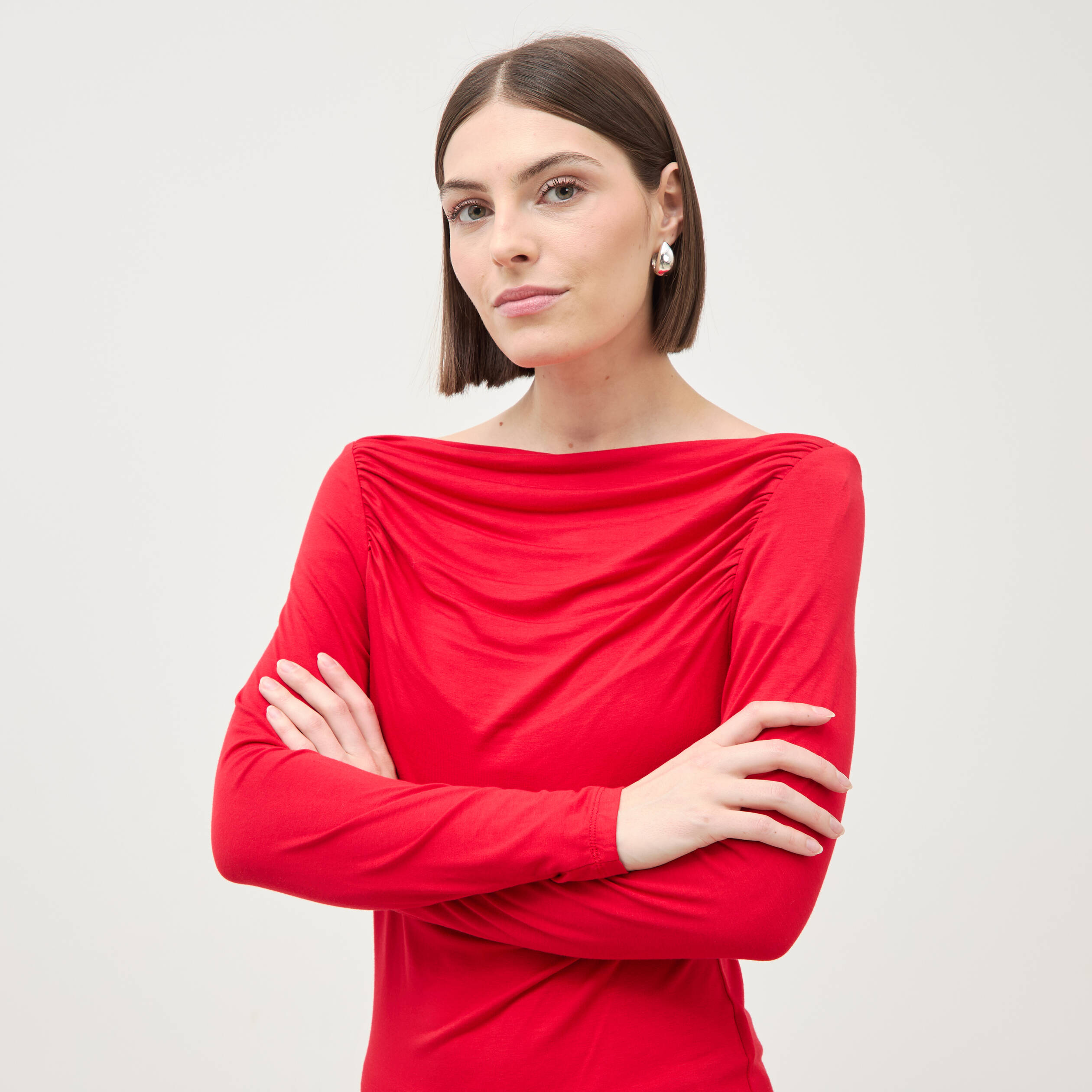 T-shirt ajust&eacute; manches longues bardot rouge femme