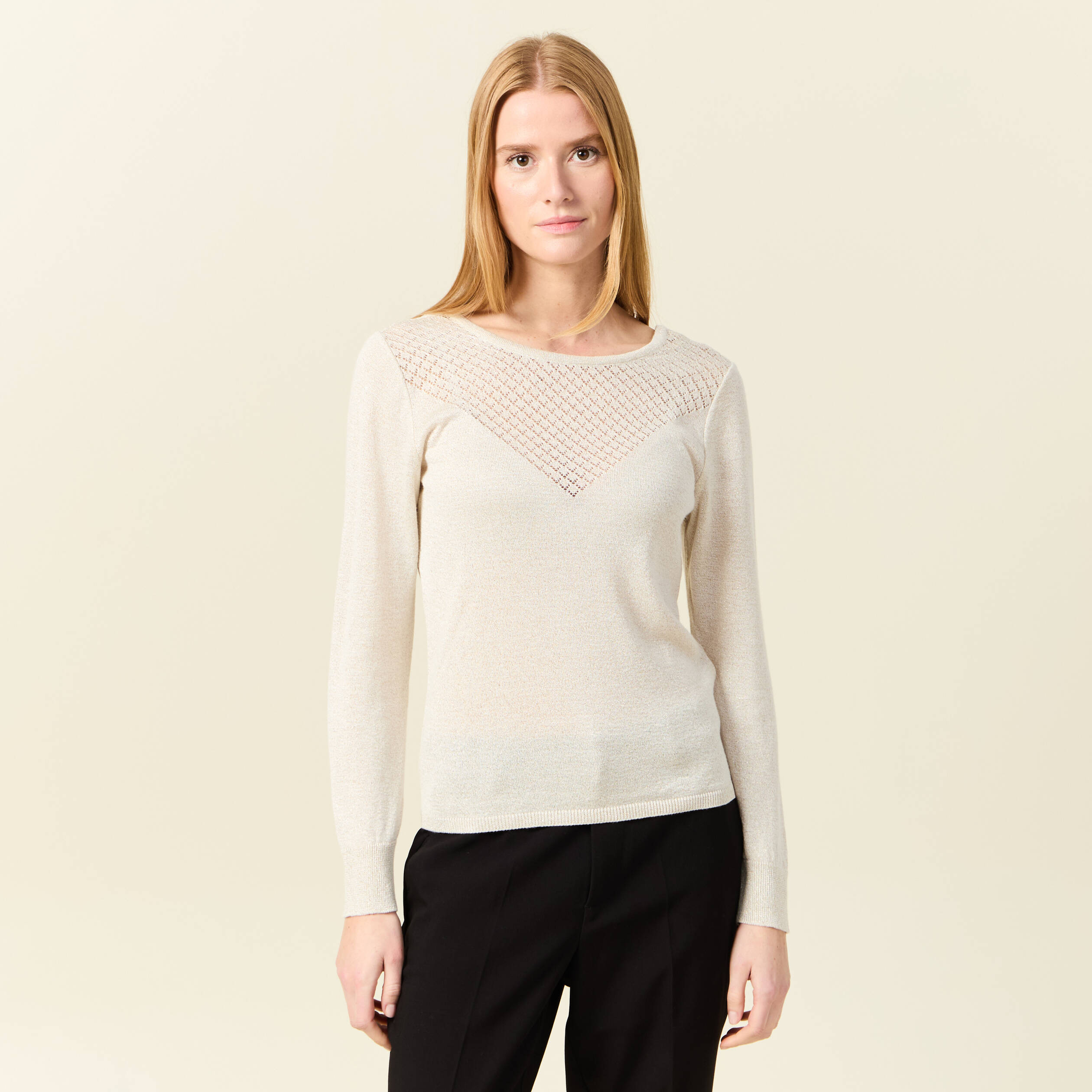 pull manches longues ajoure creme femme Pull manches longues ajouré creme femme
