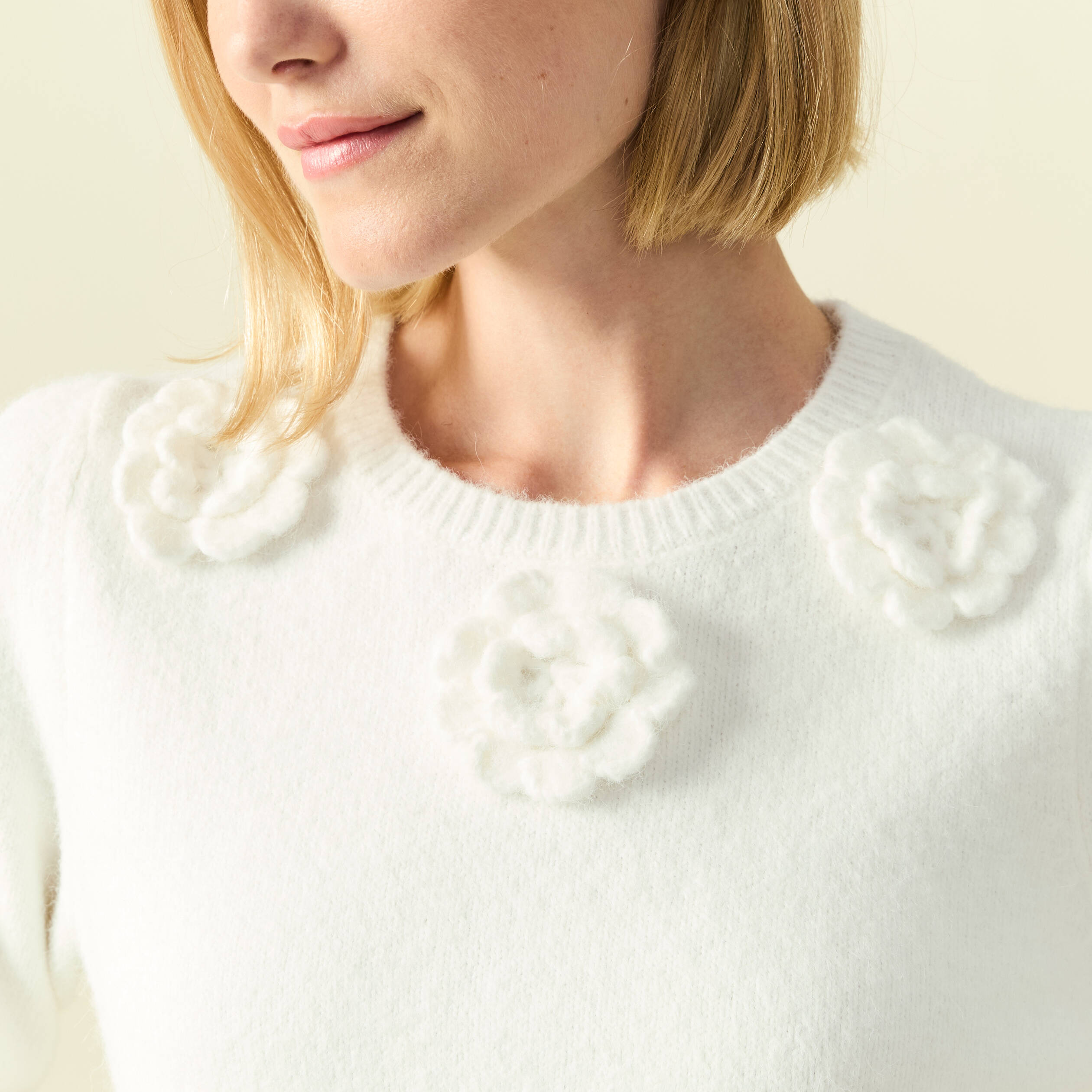 Pull manches longues col rond ecru femme