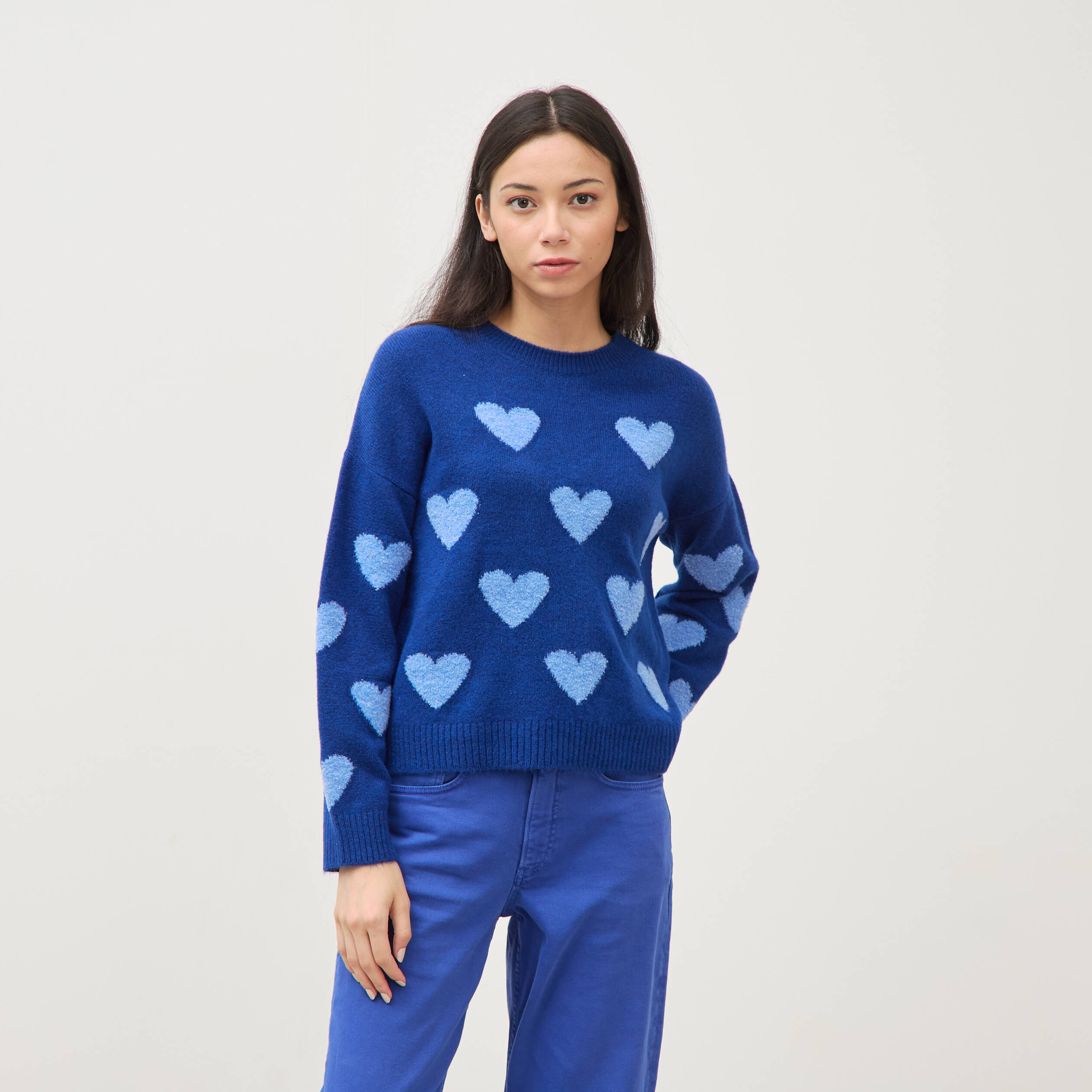 Pull manches longues bouclette col rond bleu electrique femme