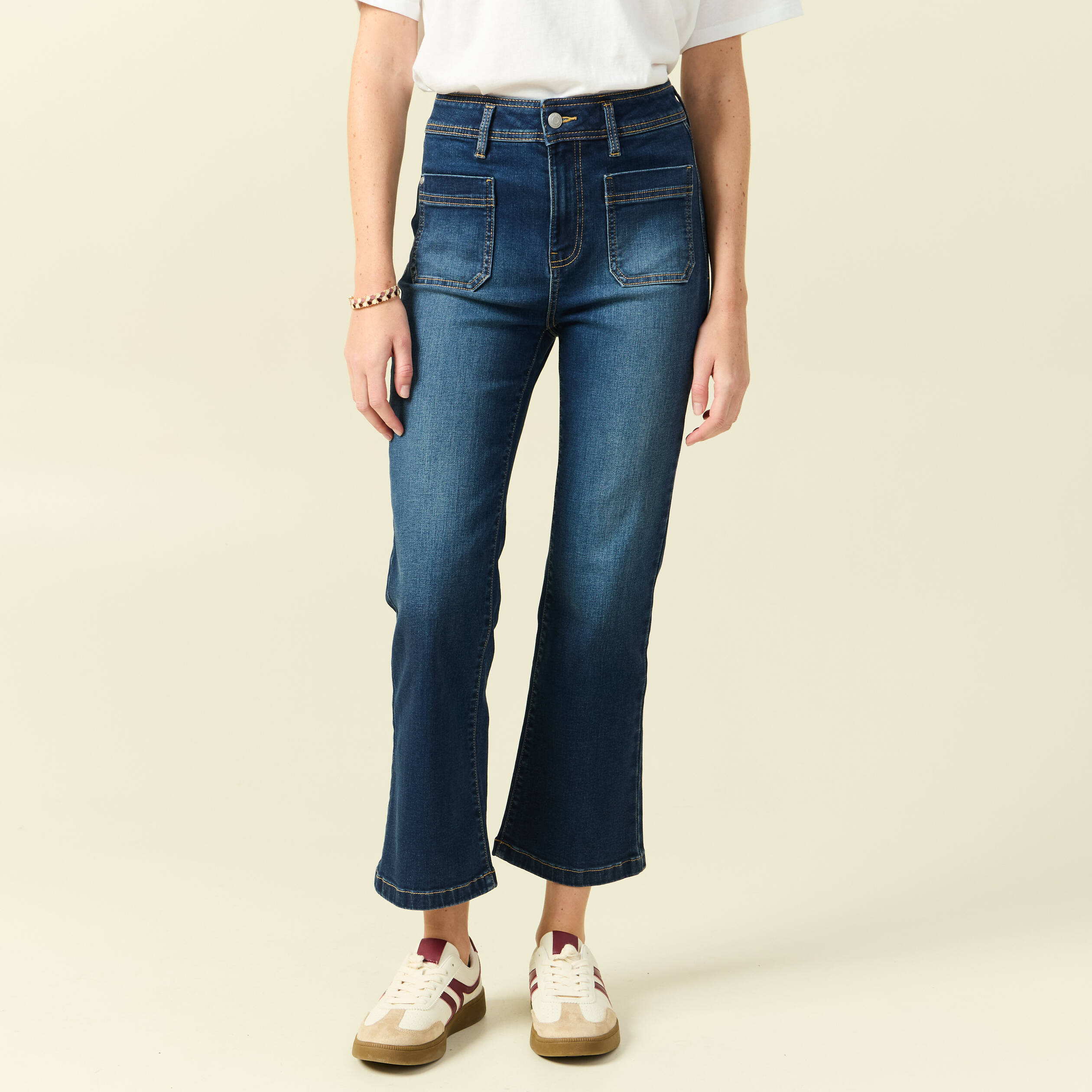 Jeans bootcut cropped taille haute denim brut femme