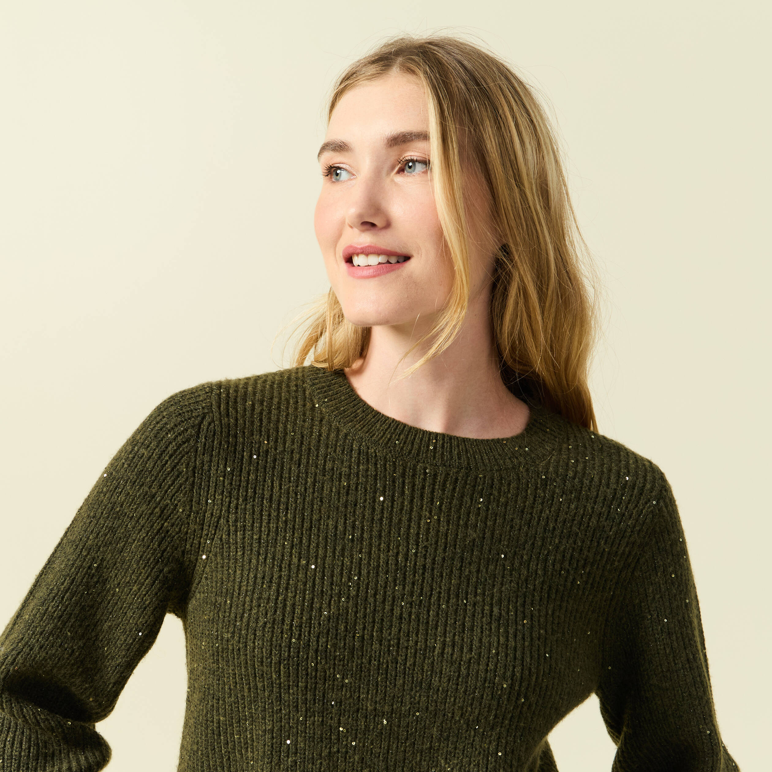 Pull manches longues col rond à sequins vert kaki femme Vibs