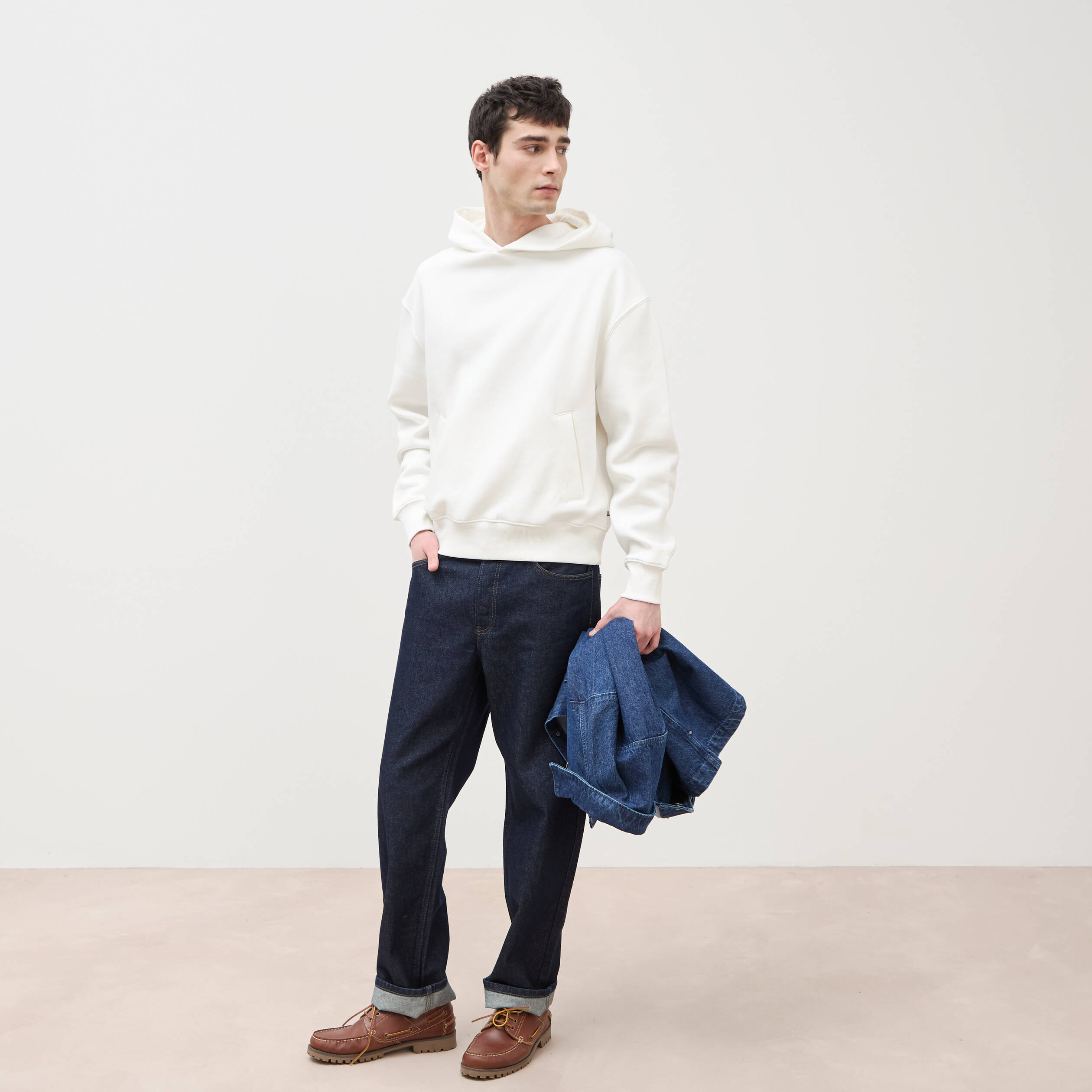 Sweat &agrave; capuche manches longues ecru homme