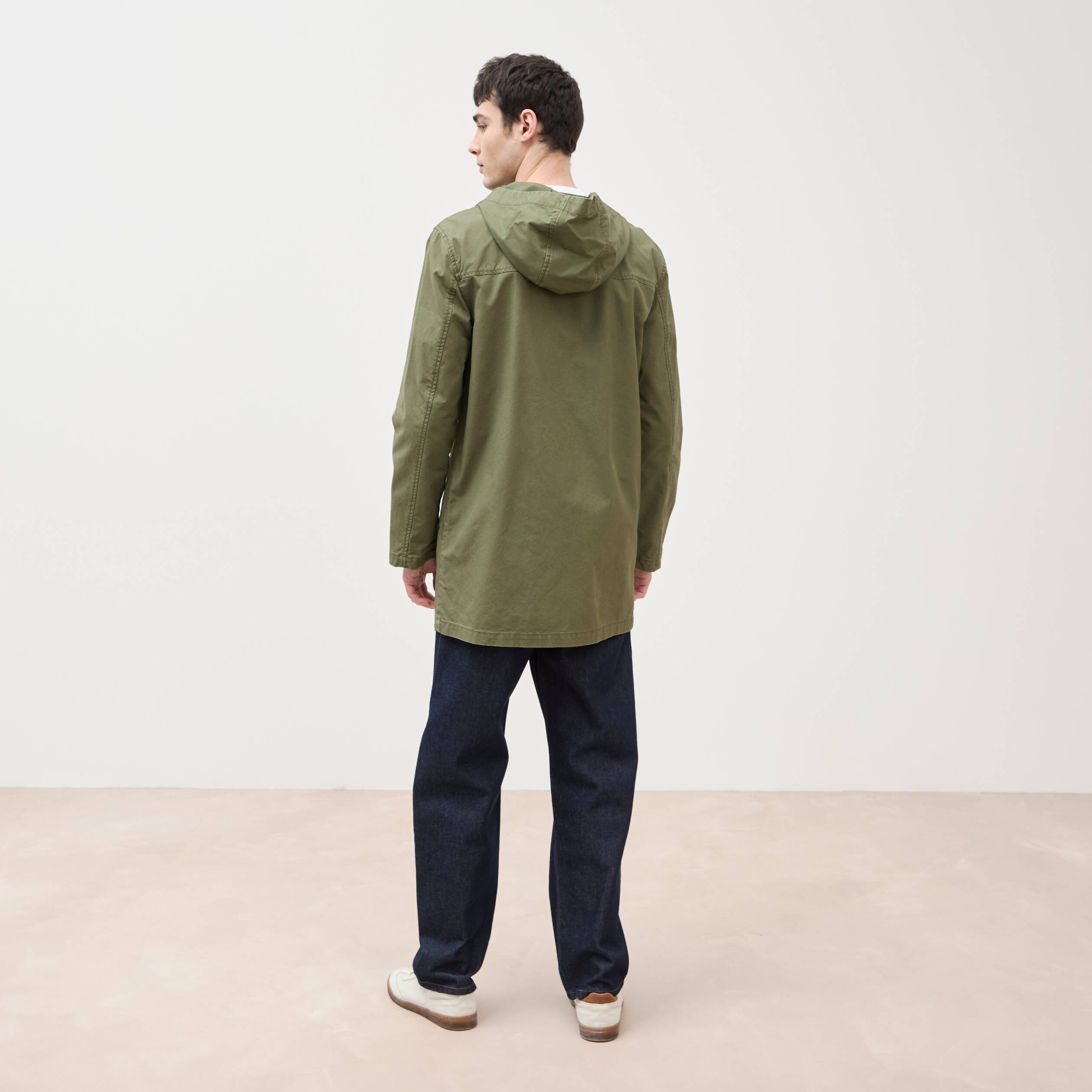 Parka droite mi-longue &agrave; capuche vert kaki homme