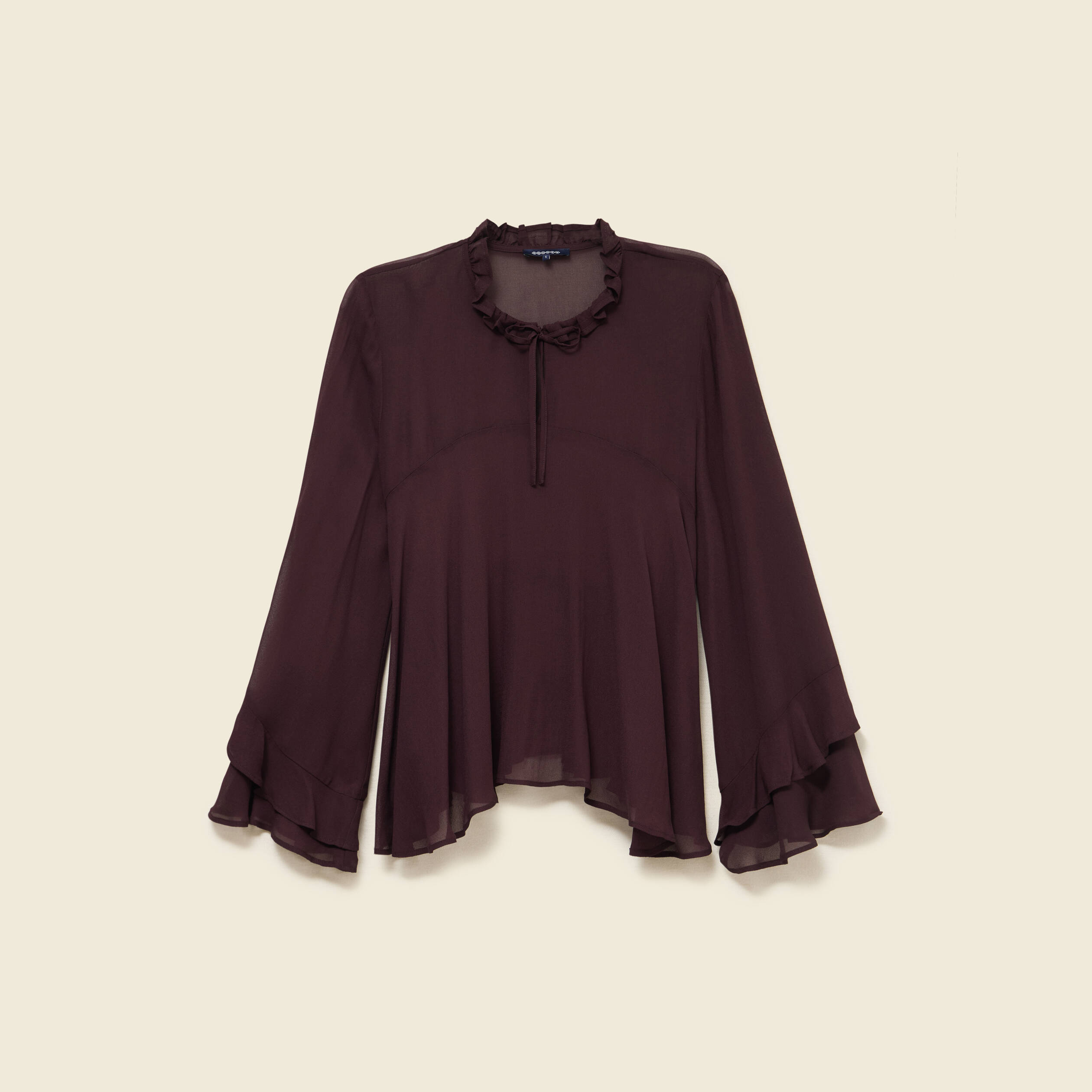 Blouse manches longues col ras de cou marron fonc&eacute; femme