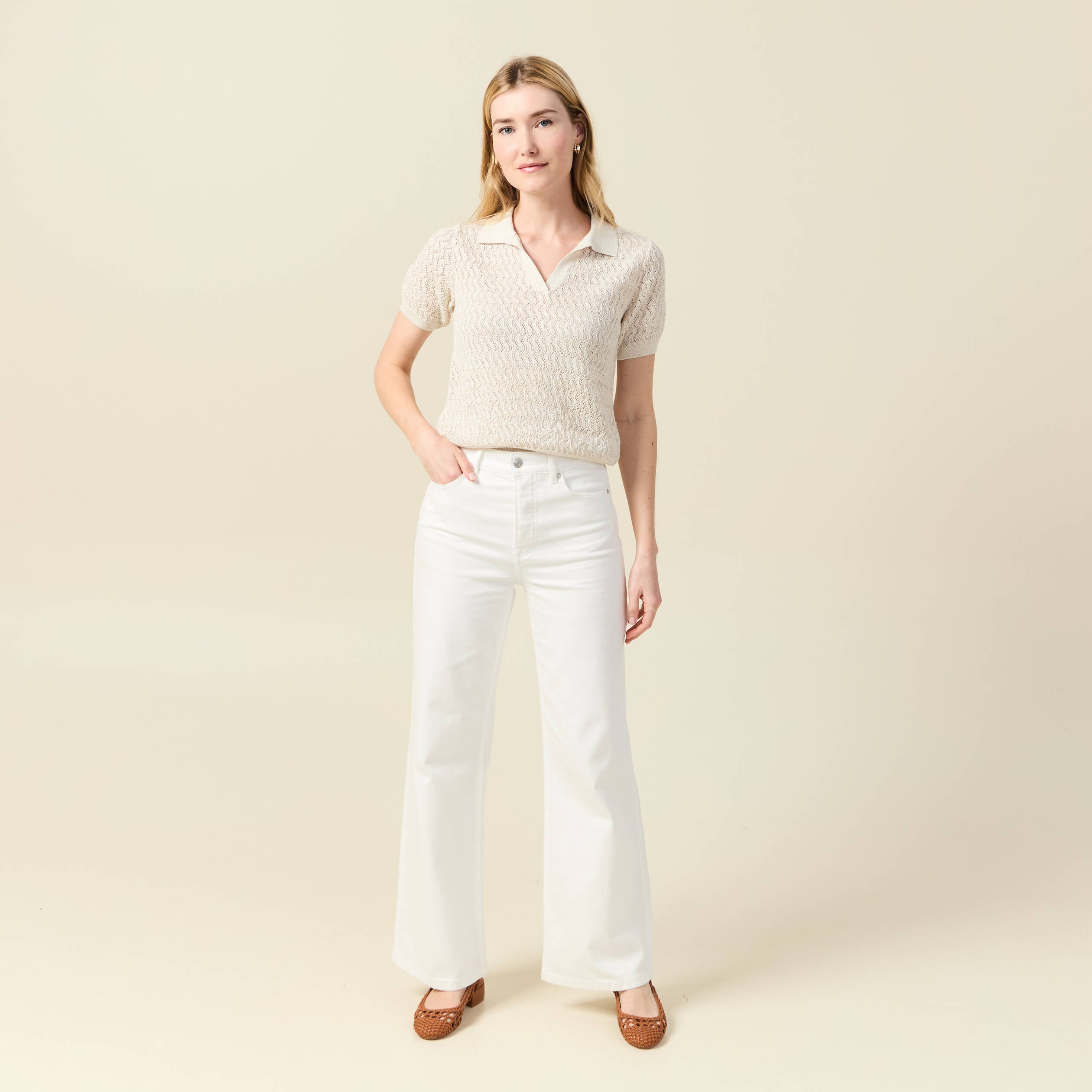 Pull manches courtes creme femme