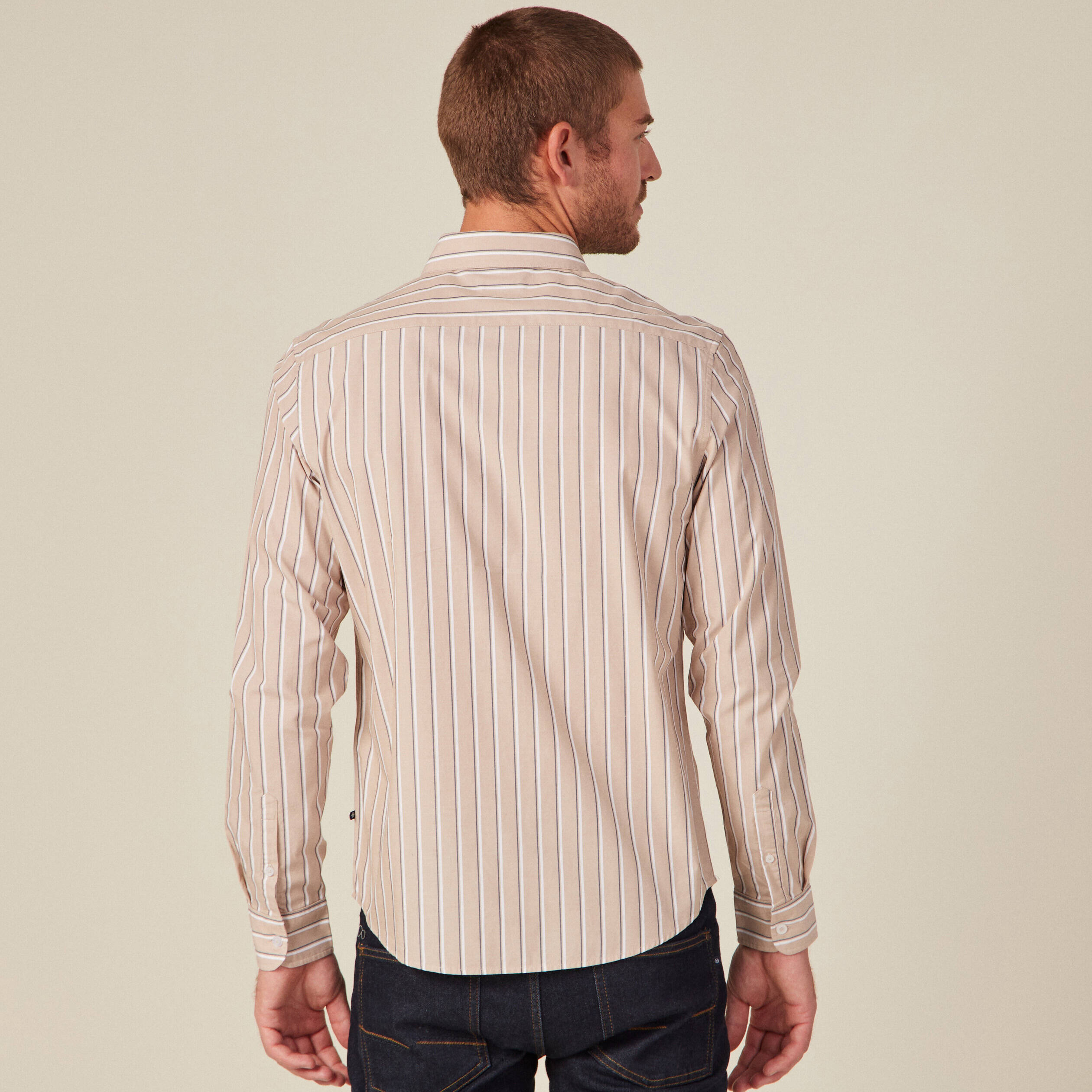 Chemise ray&eacute;e en coton manches longues beige homme