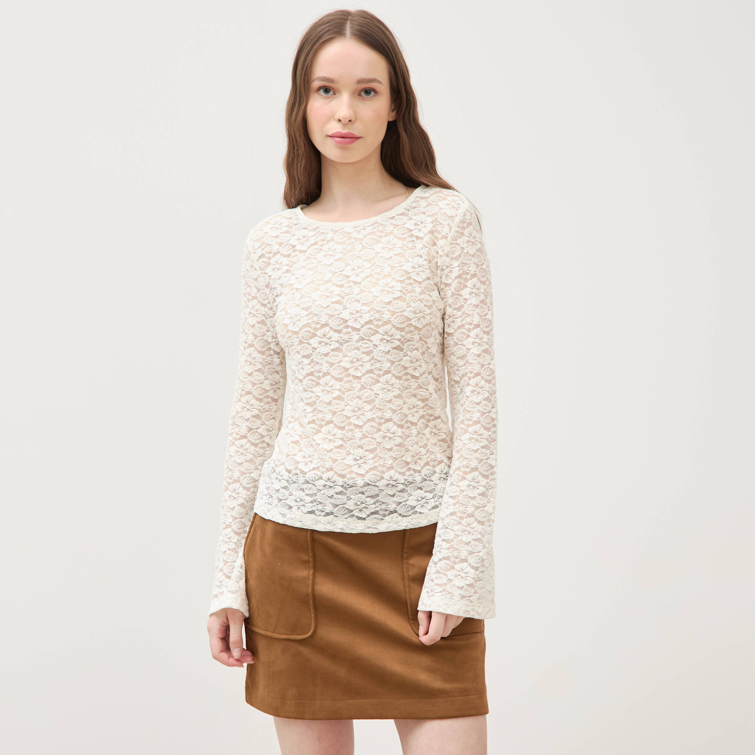Blouse manches longues dentelle col rond ecru femme