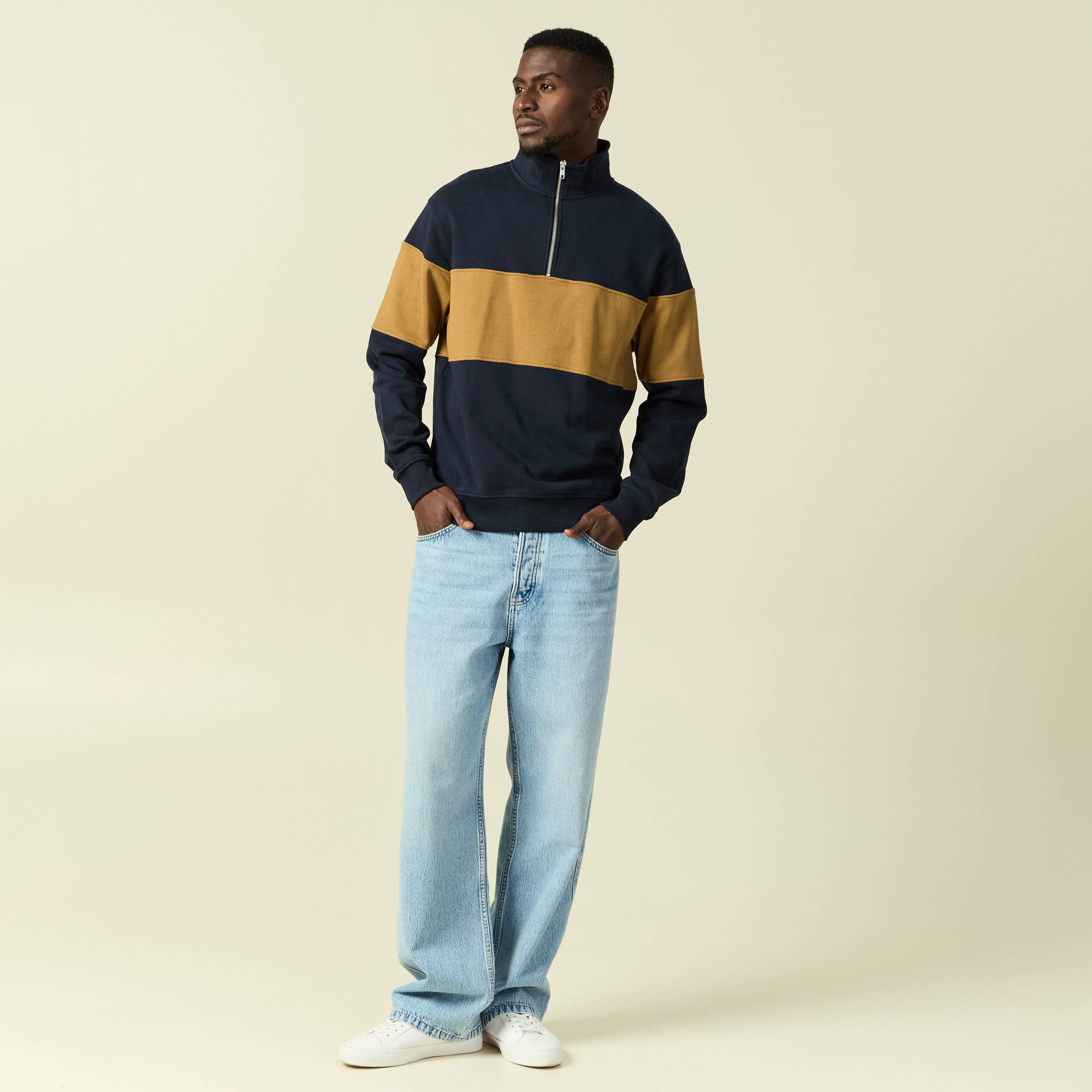 Sweat col montant manches longues bleu marine homme