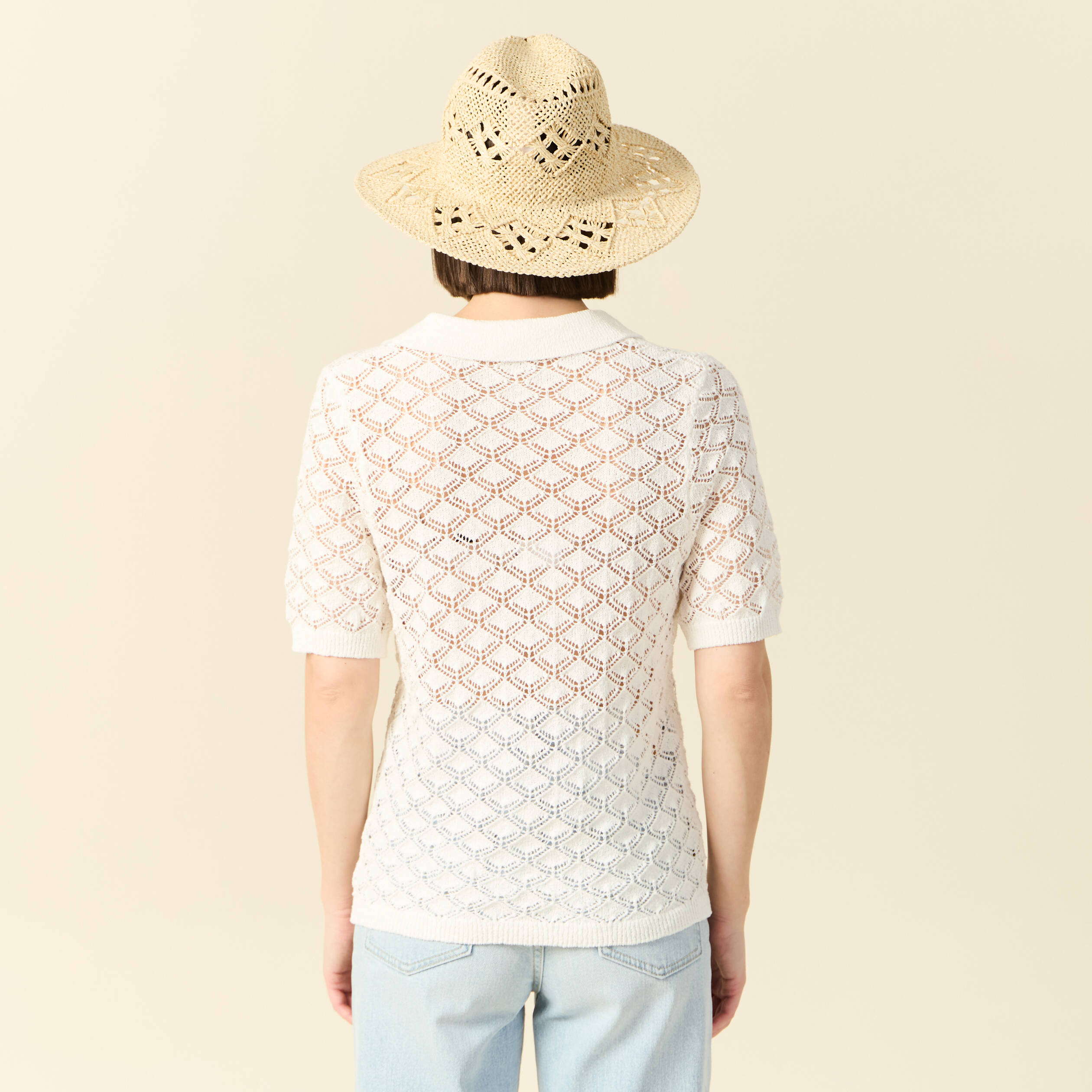 Pull manches courtes ajour&eacute; blanc femme