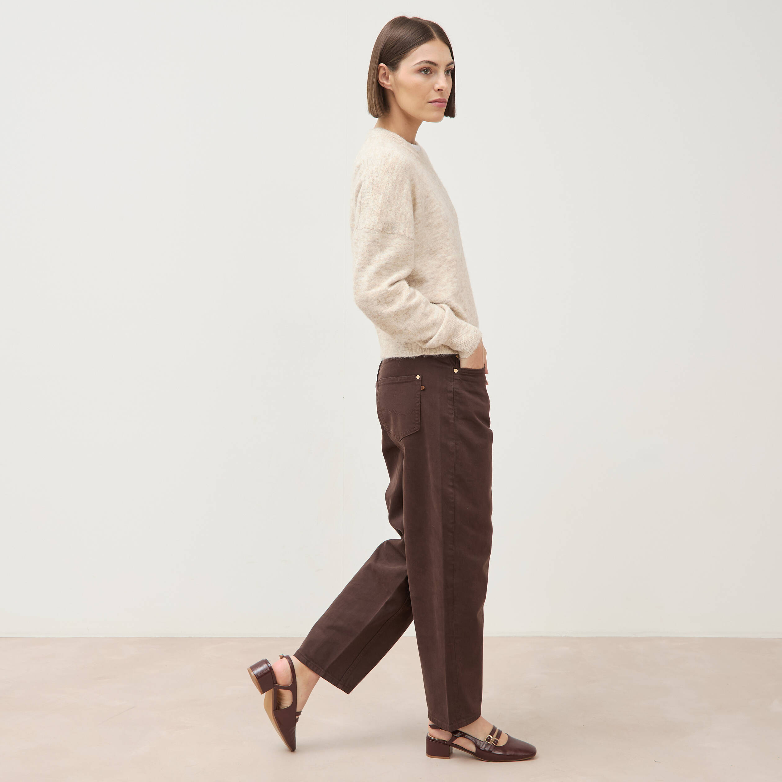 Pull droit manches longues col rond creme femme