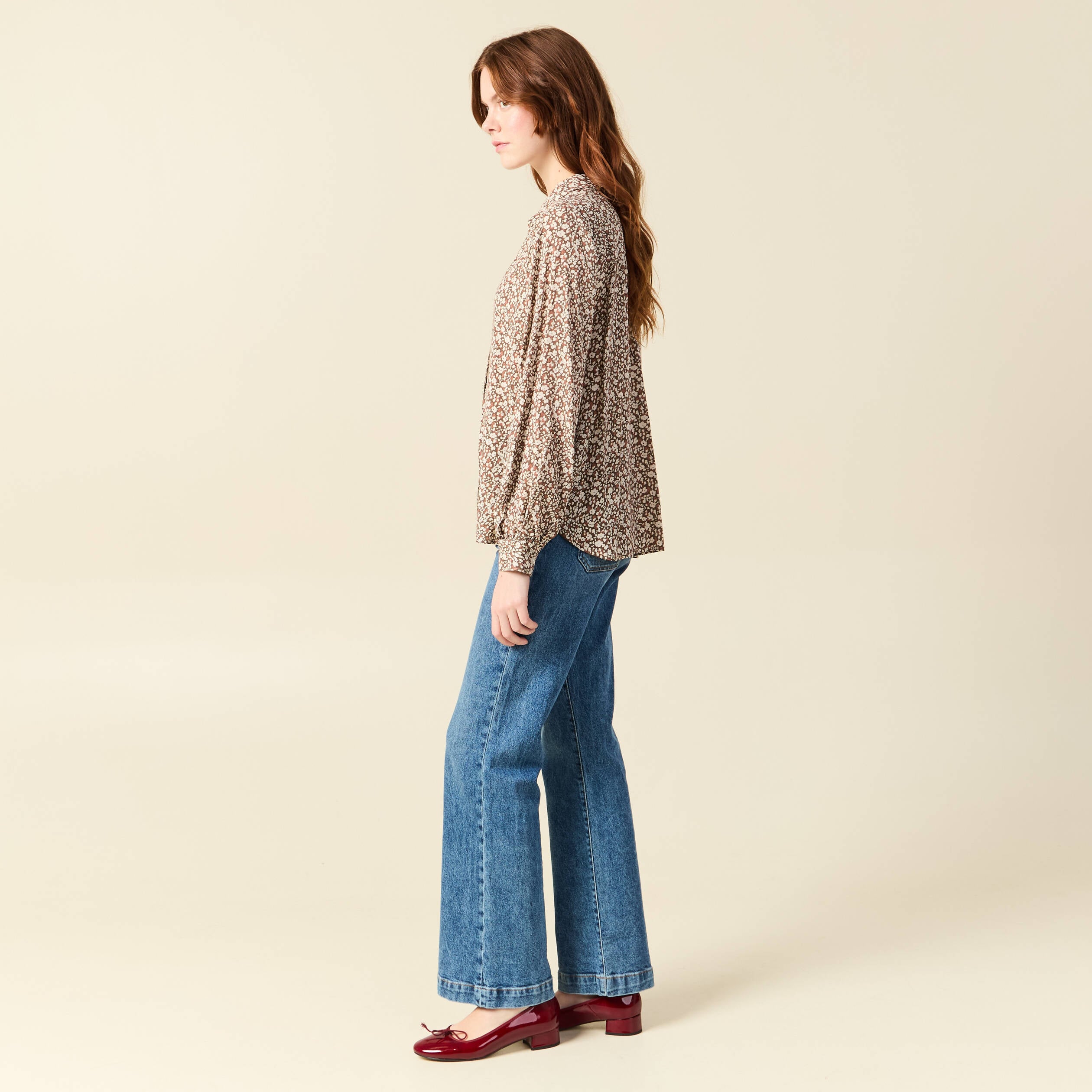 Blouse droite courte manches longues marron femme
