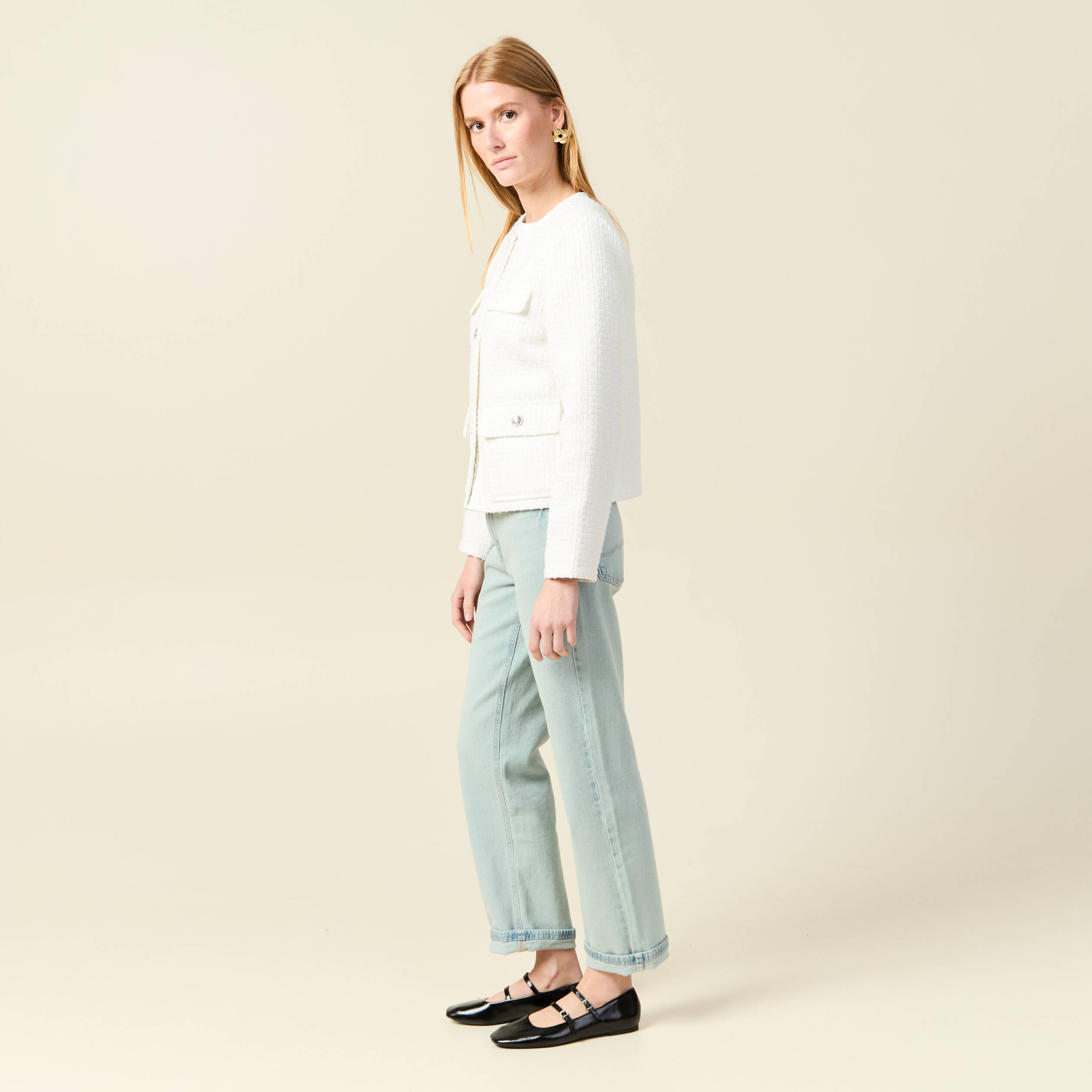 Veste Femme Mears Tweed Show - Laine Blanc Mélangé Col Contrasté - Taille 42