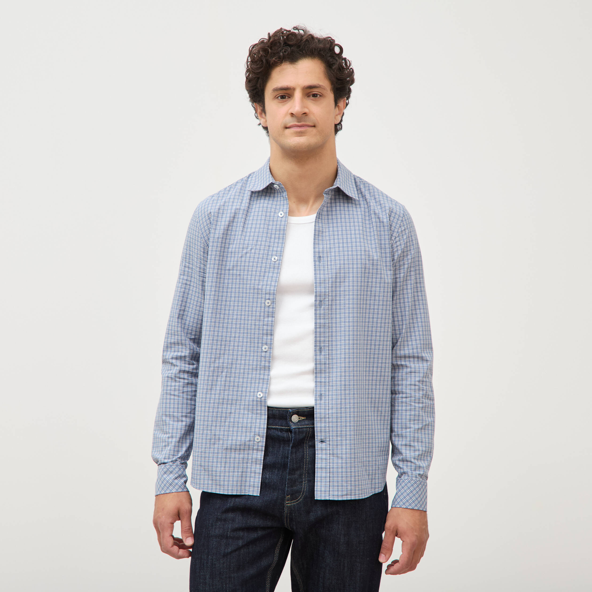 Chemise col am&eacute;ricain manches longues bleu gris homme