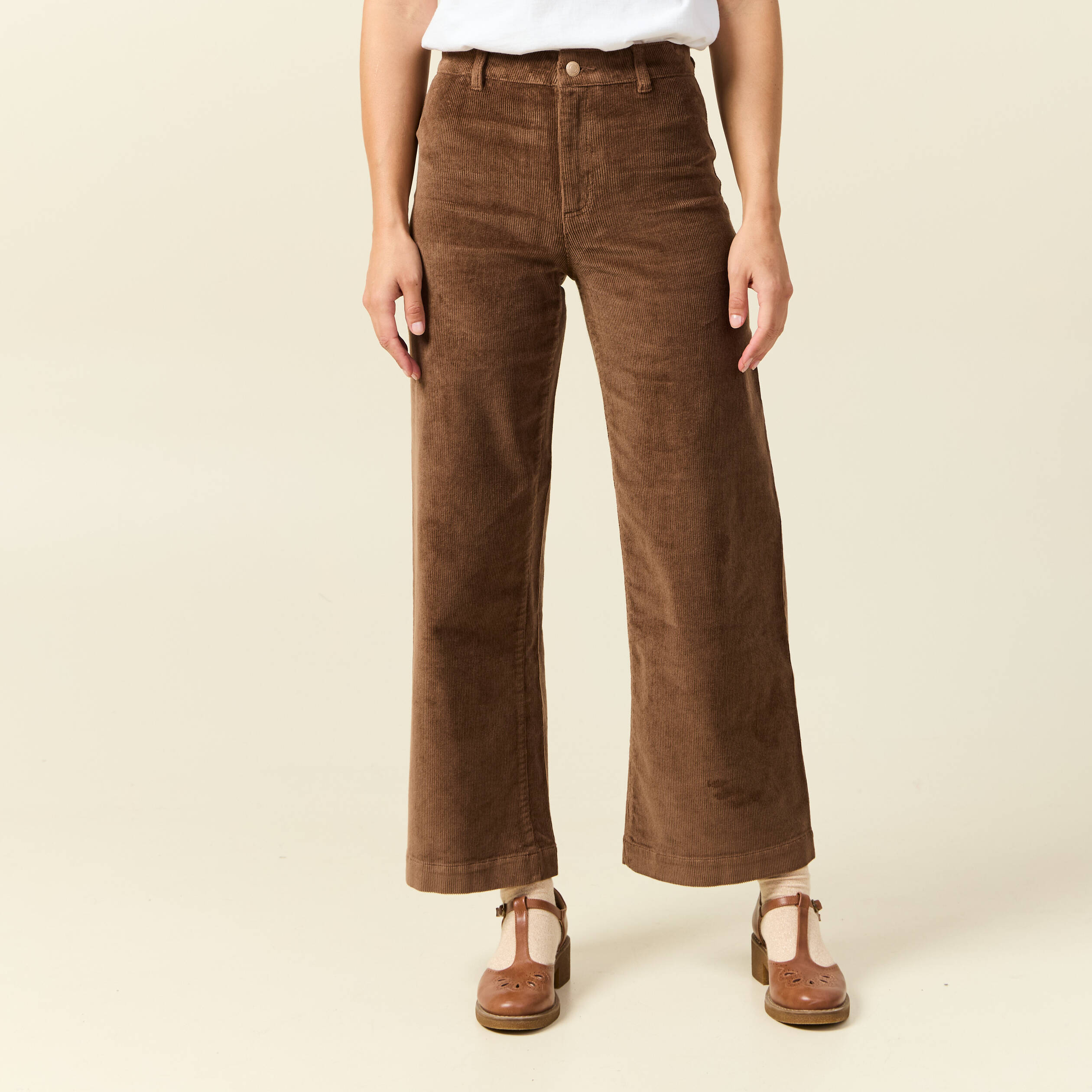 Pantalon large taille haute en velours vieux rose femme