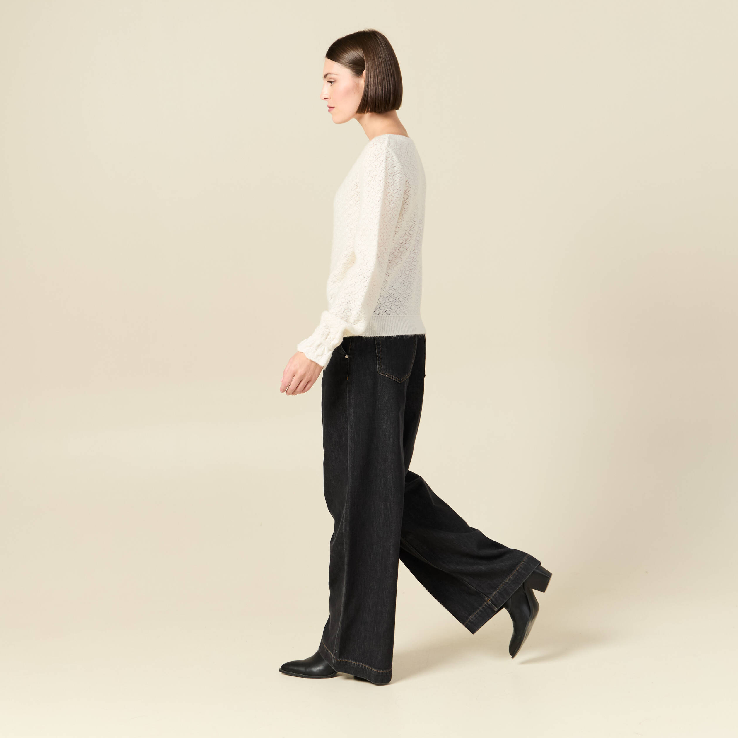 Pull ajour&eacute; col bateau manches longues ecru femme