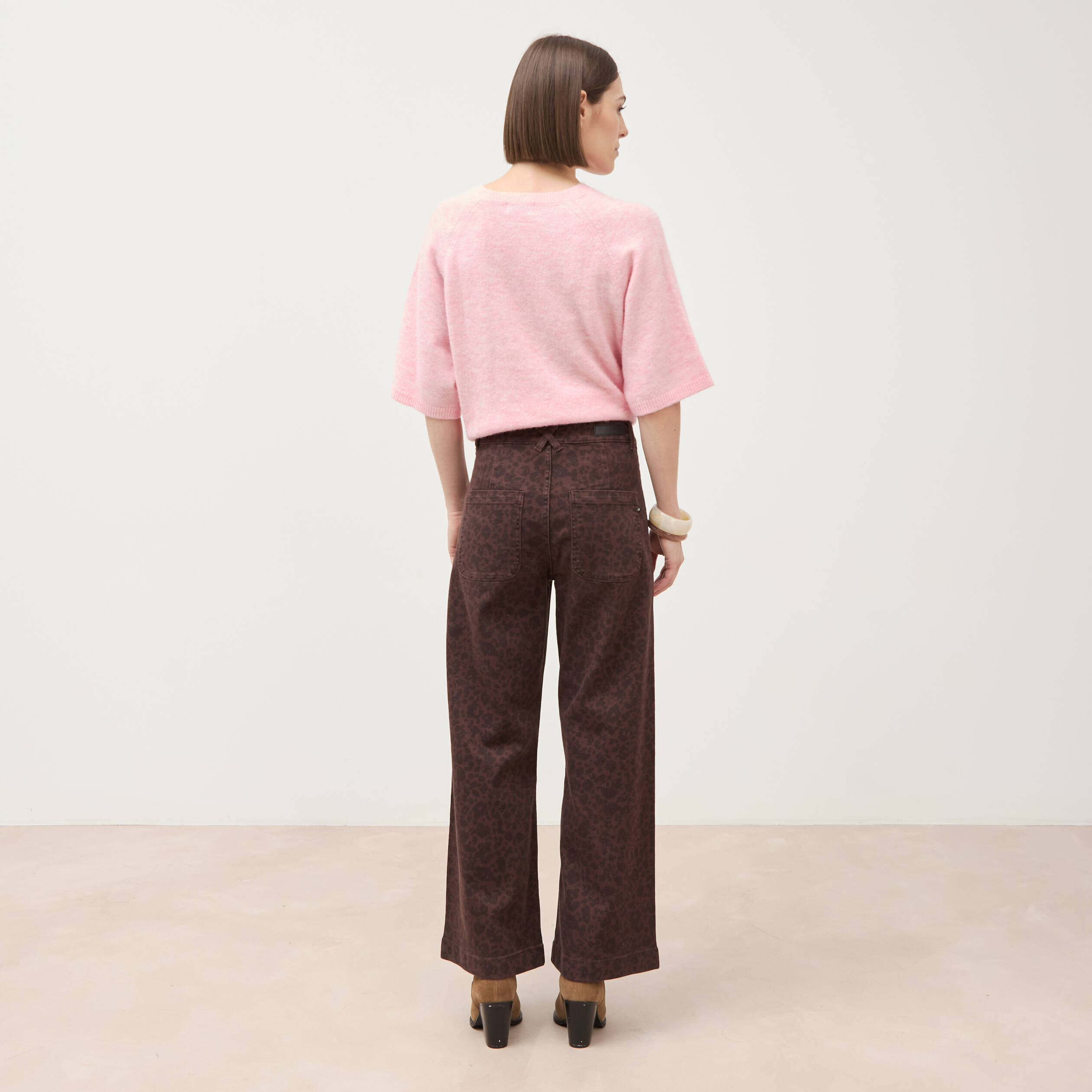 Jeans large cropped taille haute marron chocolat femme