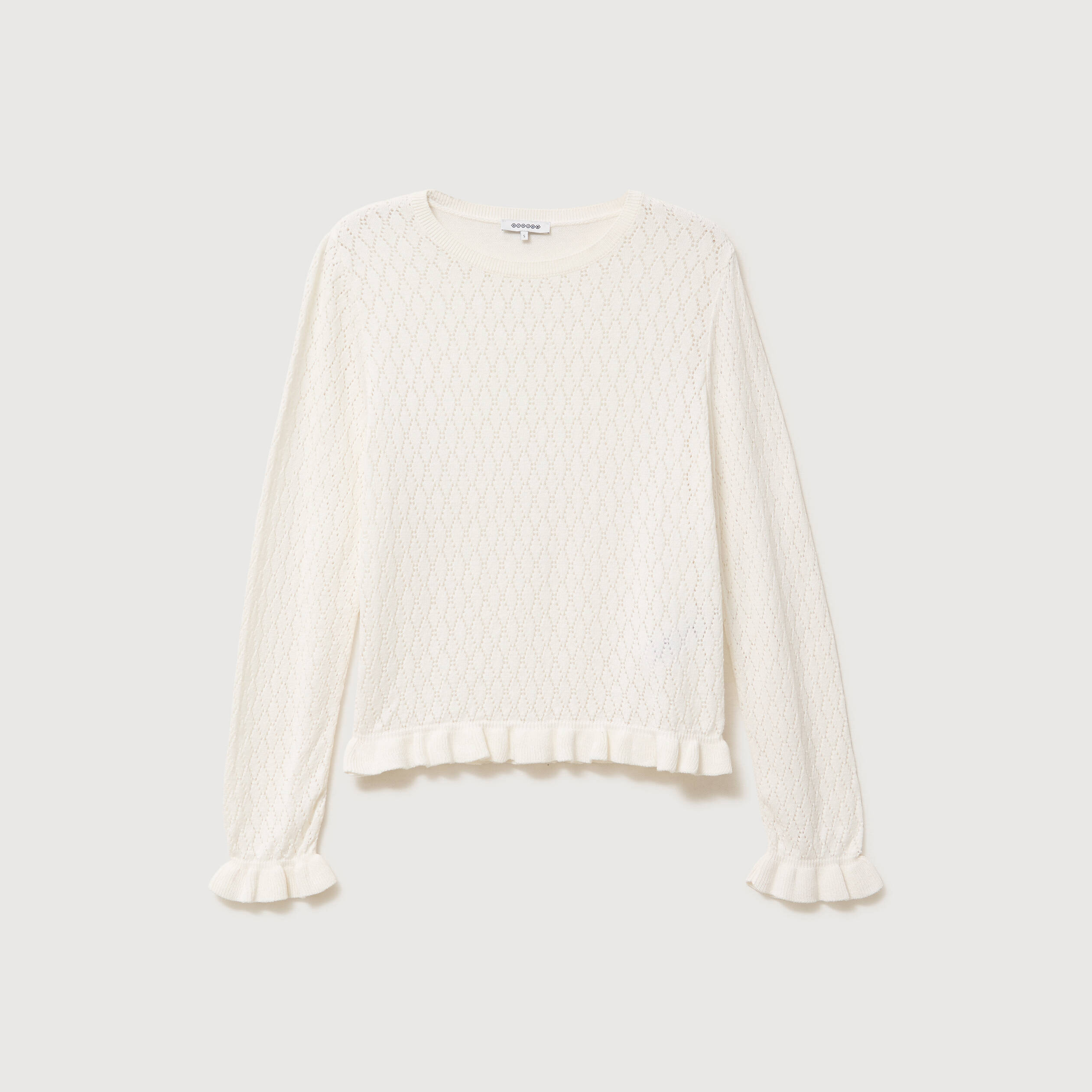 Pull ajour&eacute; col rond manches longues ecru femme