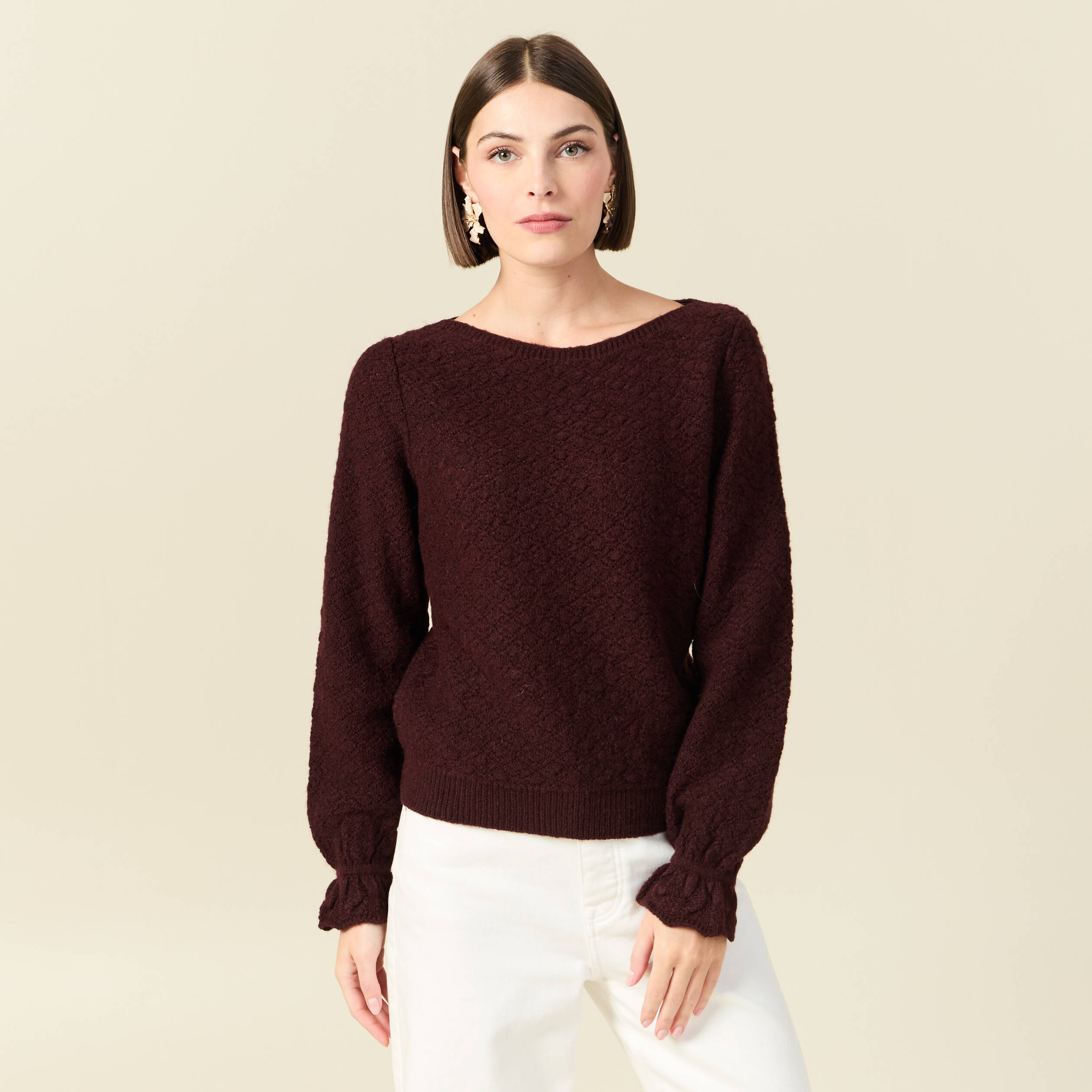 Pull ajour&eacute; col bateau manches longues prune femme