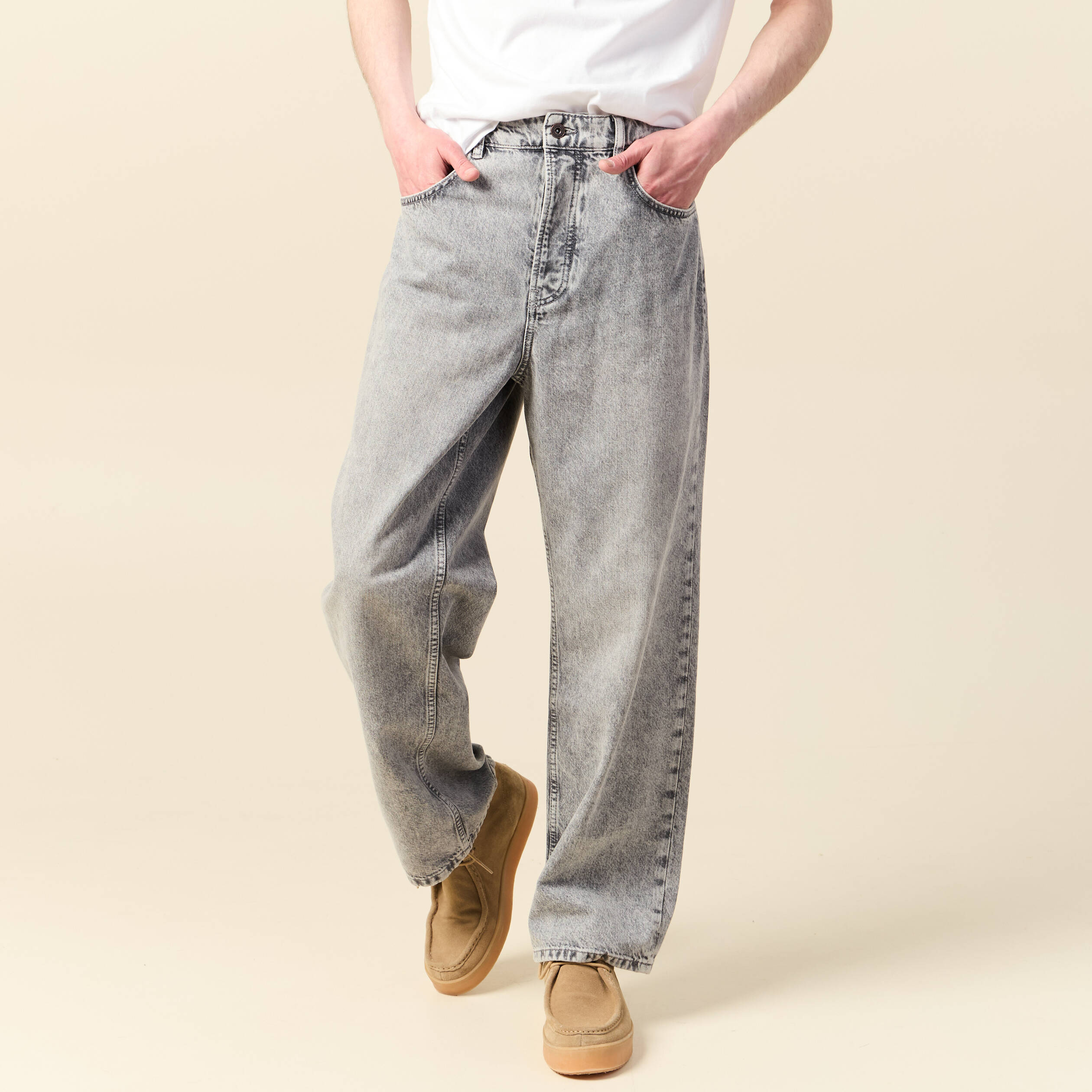 Jeans large 5 poches longueur 32 denim snow gris homme