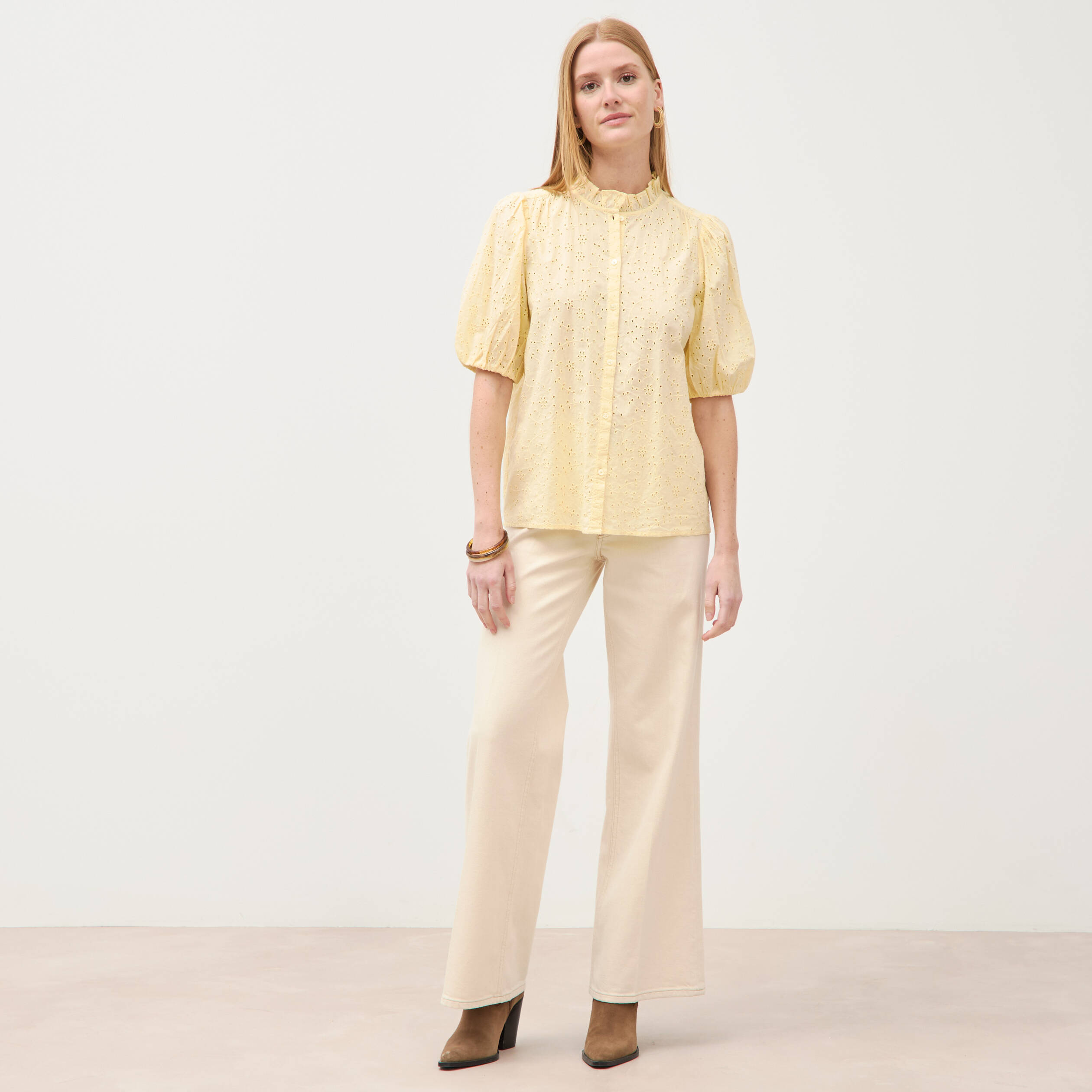 Chemise en coton manches coude jaune clair femme
