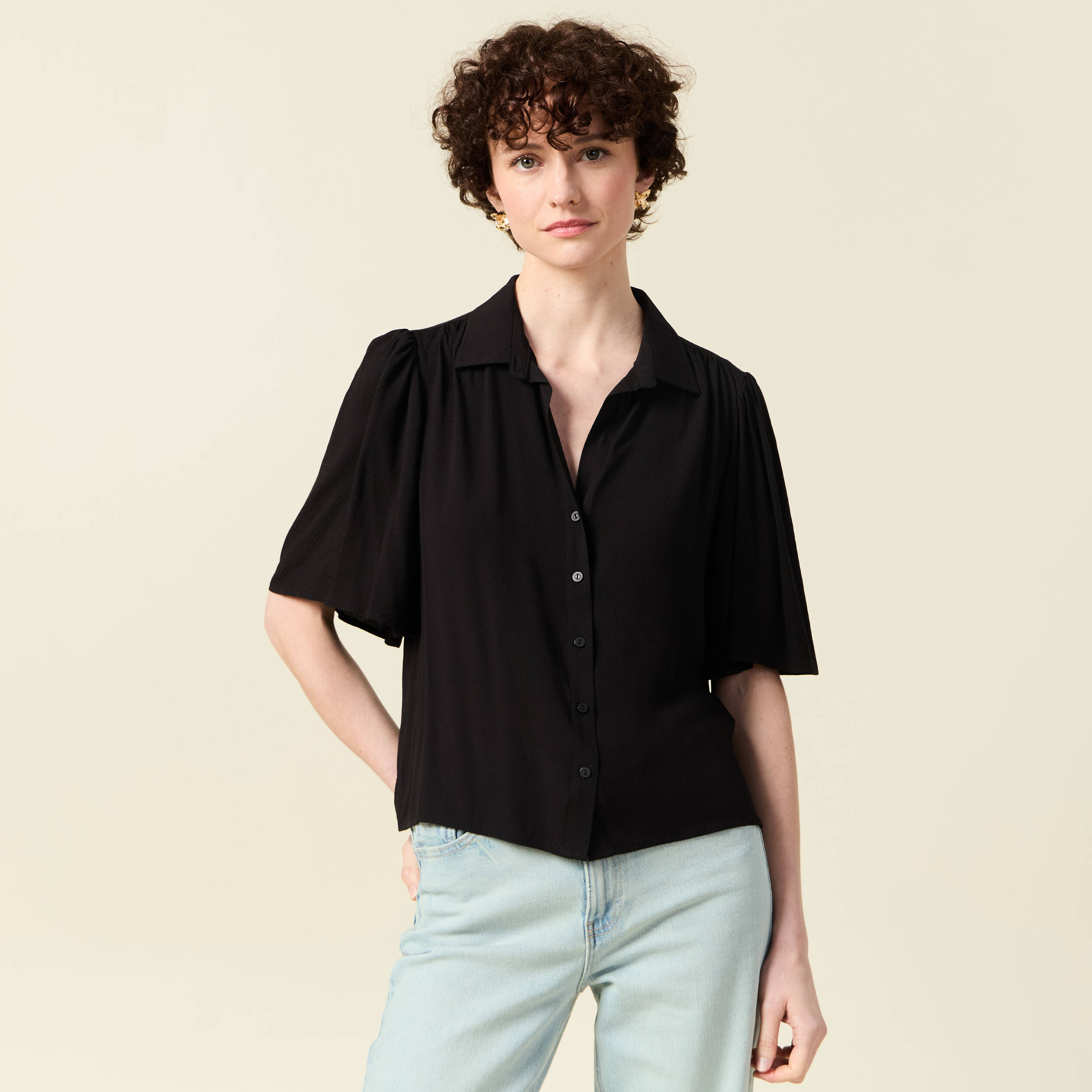 Cache Cache Chemisier Femme Noir Blouse Cache-coeur Taille Smockée
