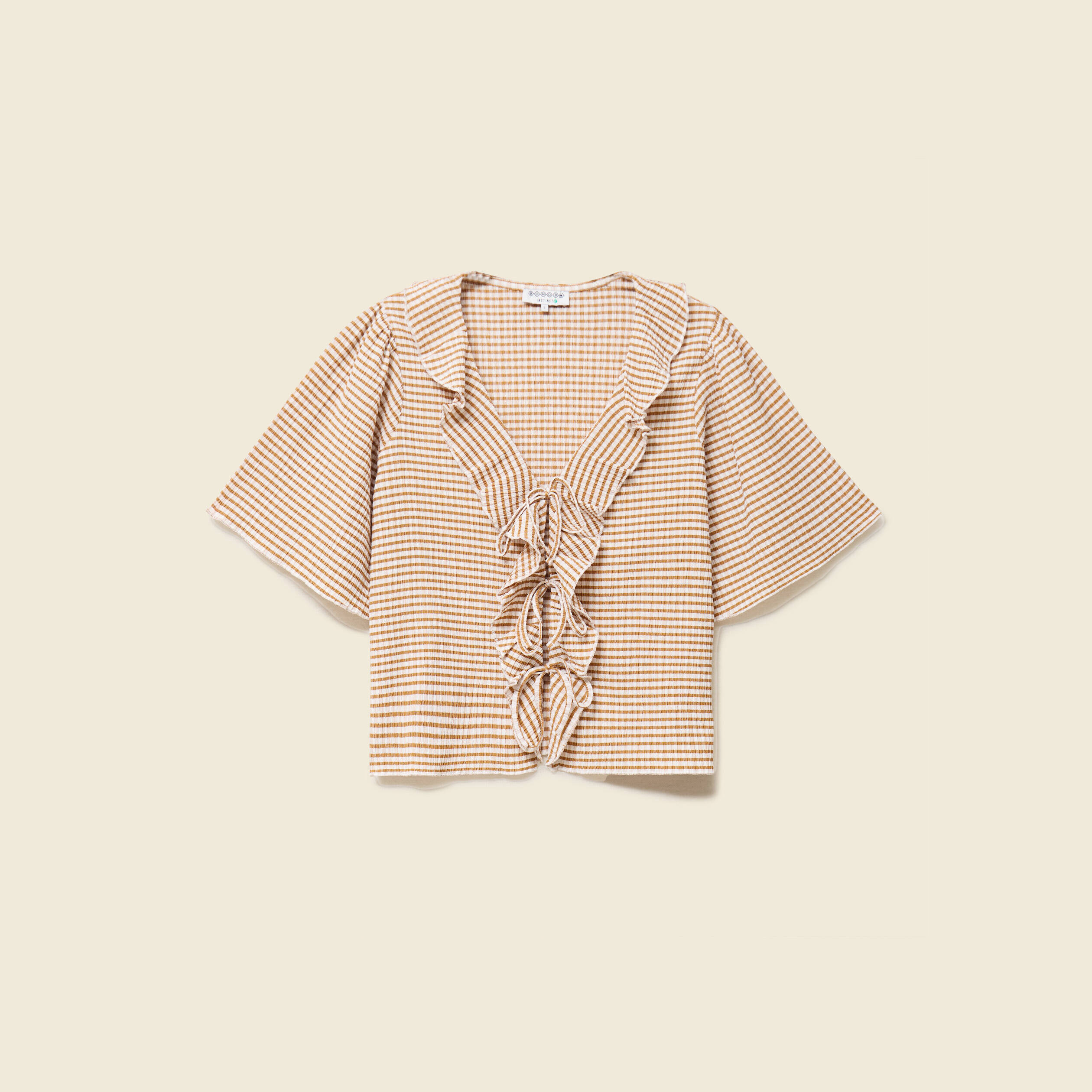 T-shirt col V &agrave; volants manches courtes marron clair femme