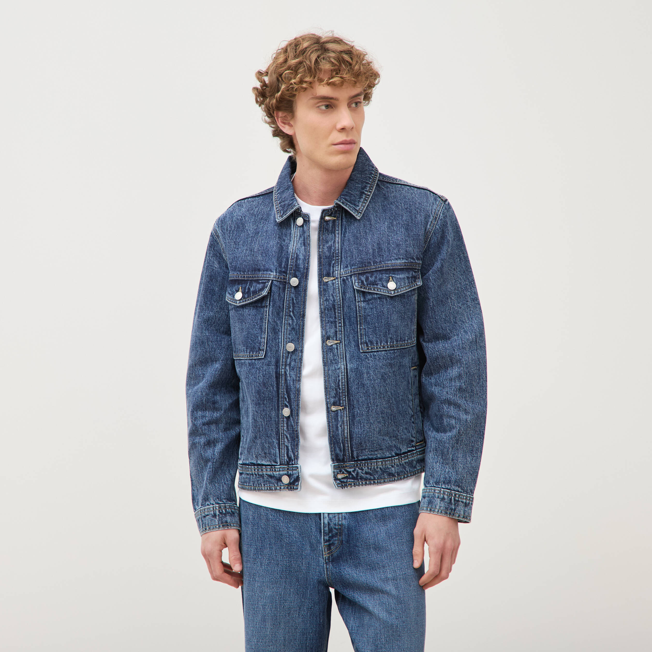 Veste droite en coton col classique denim stone homme