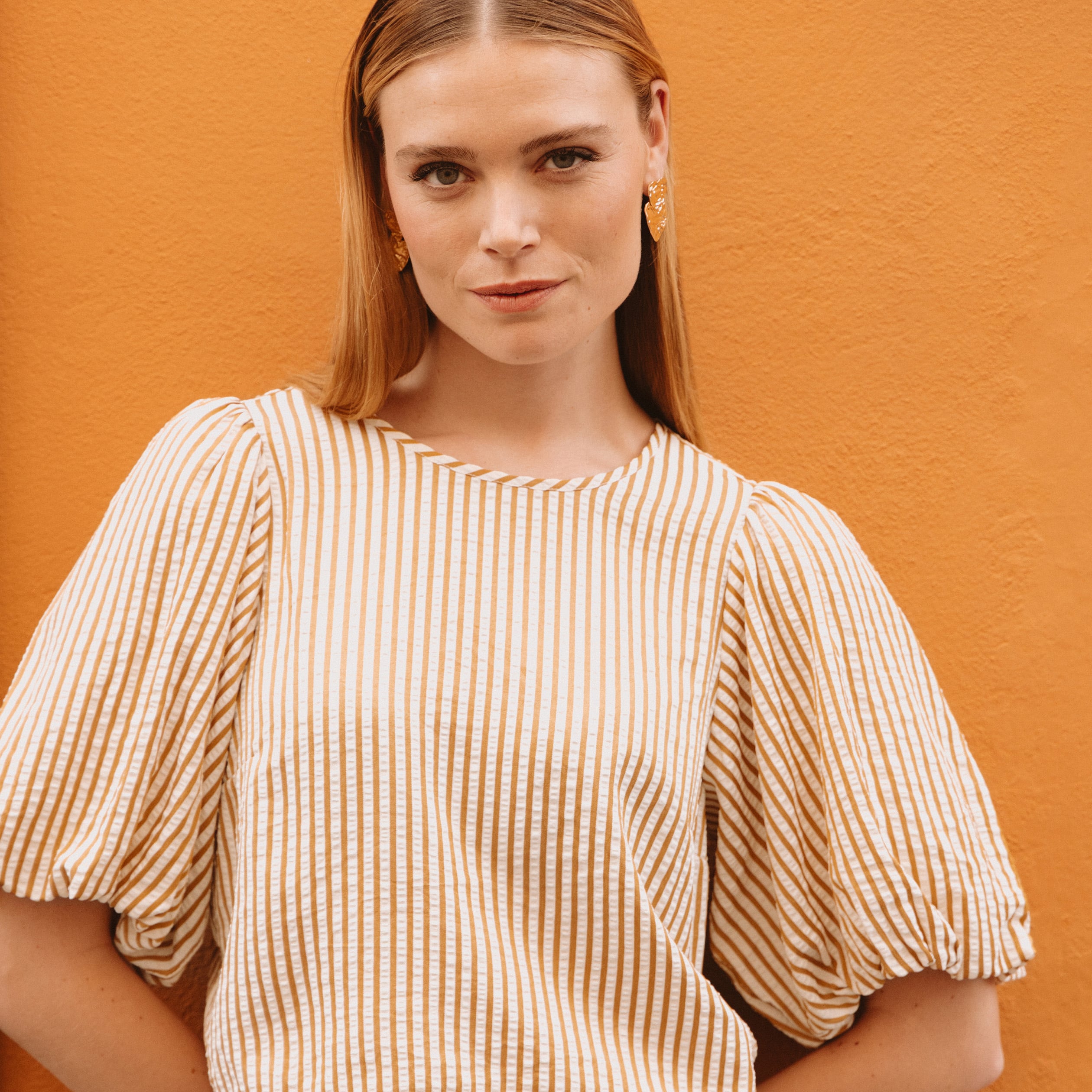 Blouse droite courte manches coude beige moyen femme