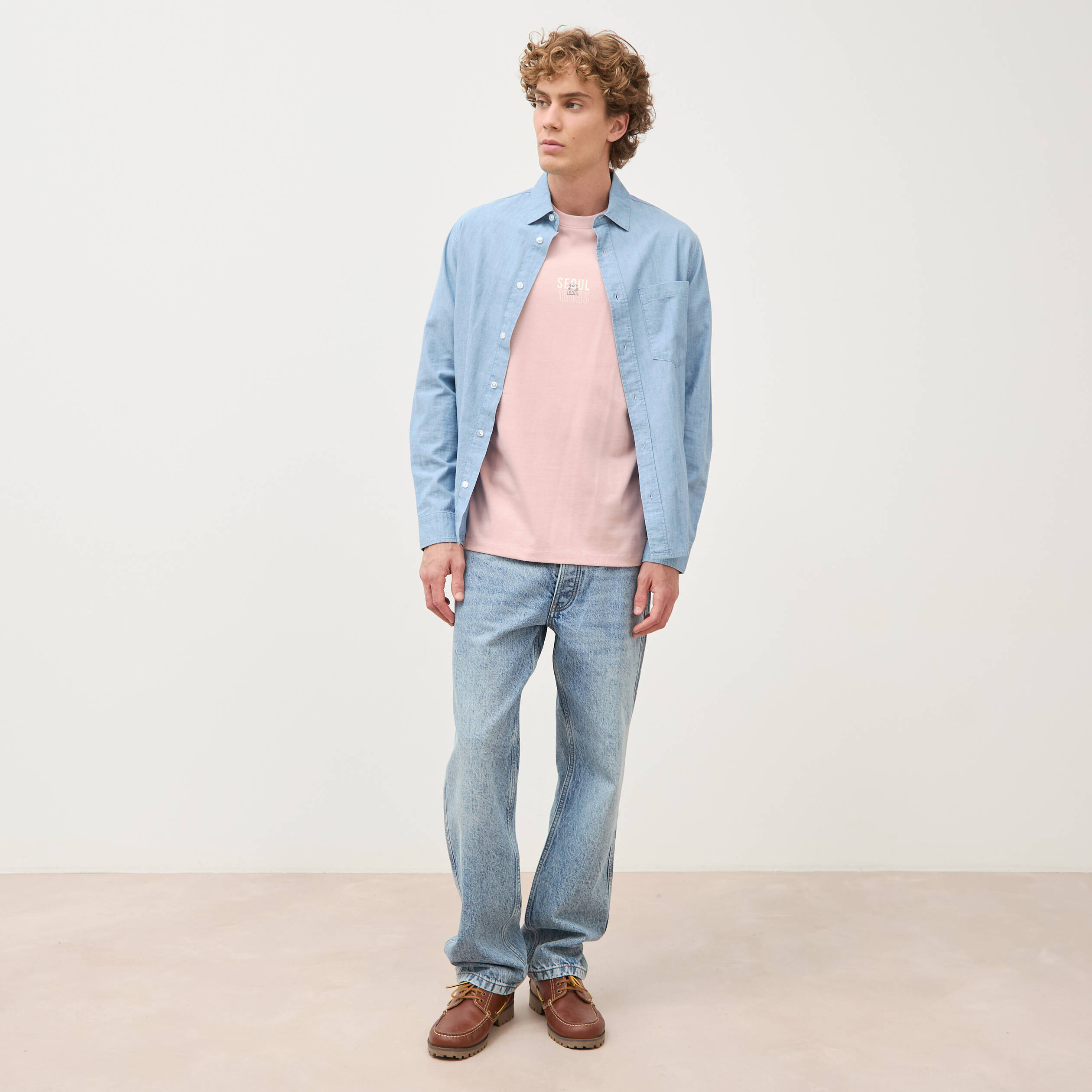 T-shirt droit en coton col ras du cou rose pastel homme