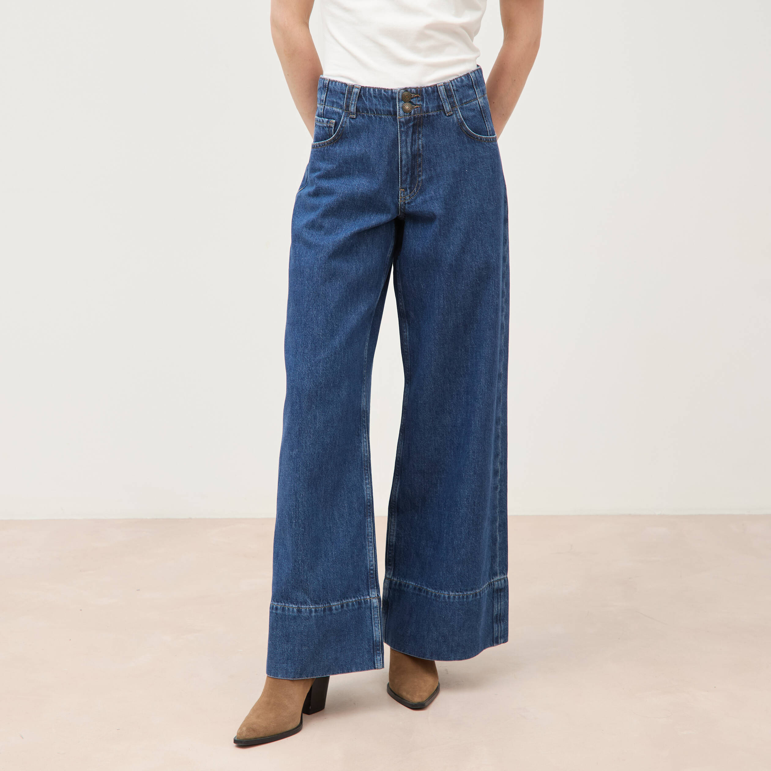 Jeans loose taille haute en coton denim used femme