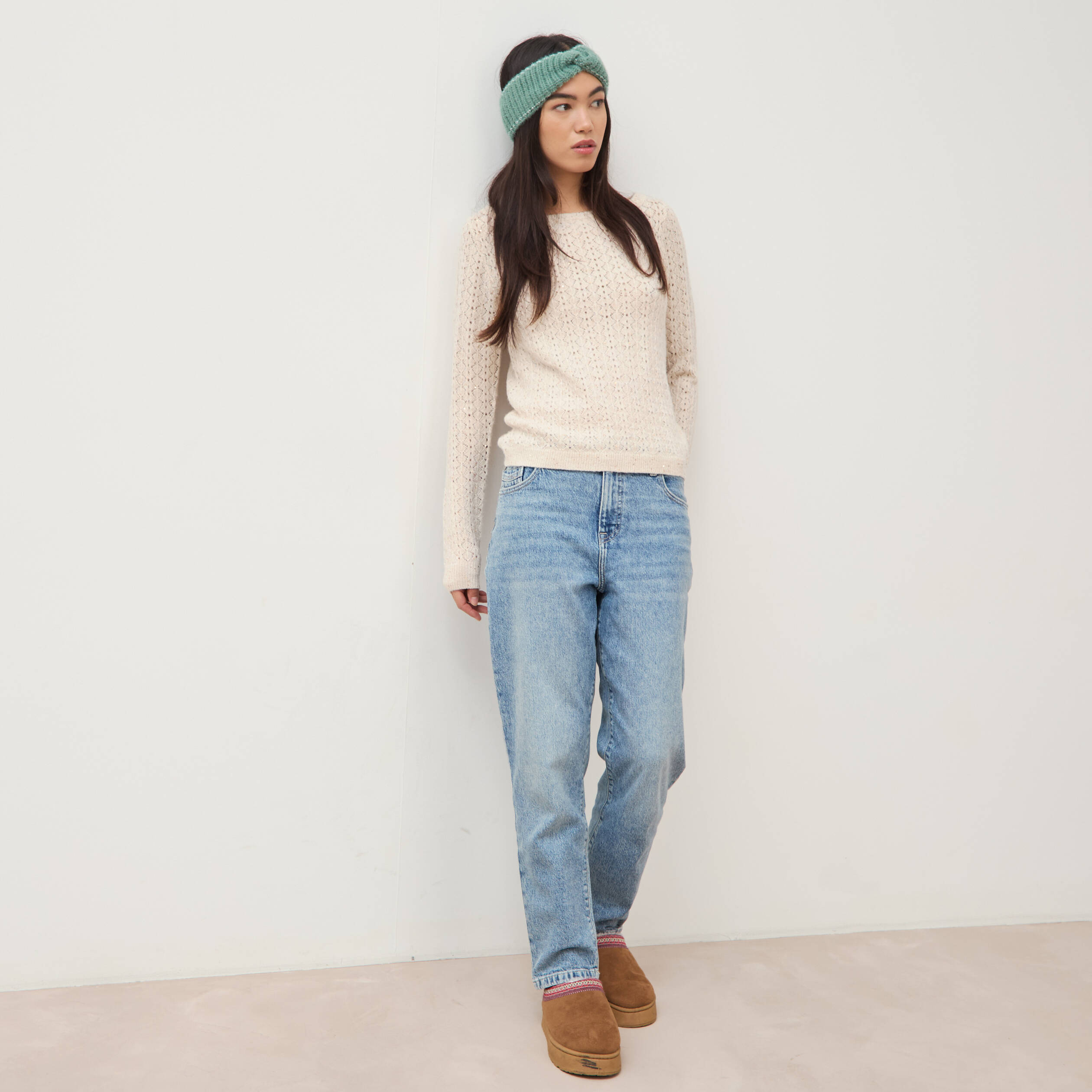 Pull manches longues col bateau creme femme