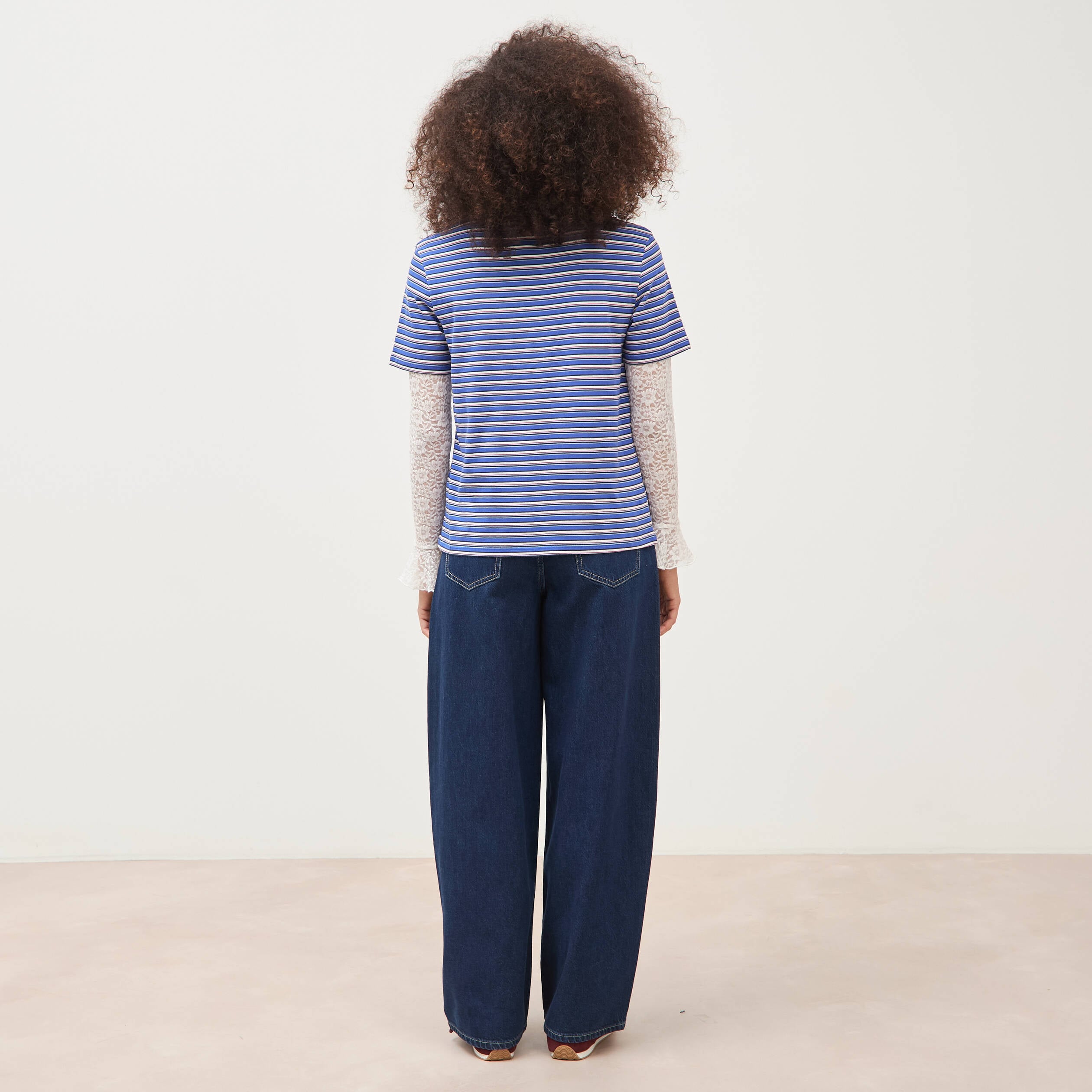 T-shirt ray&eacute; col rond manches courtes bleu electrique femme