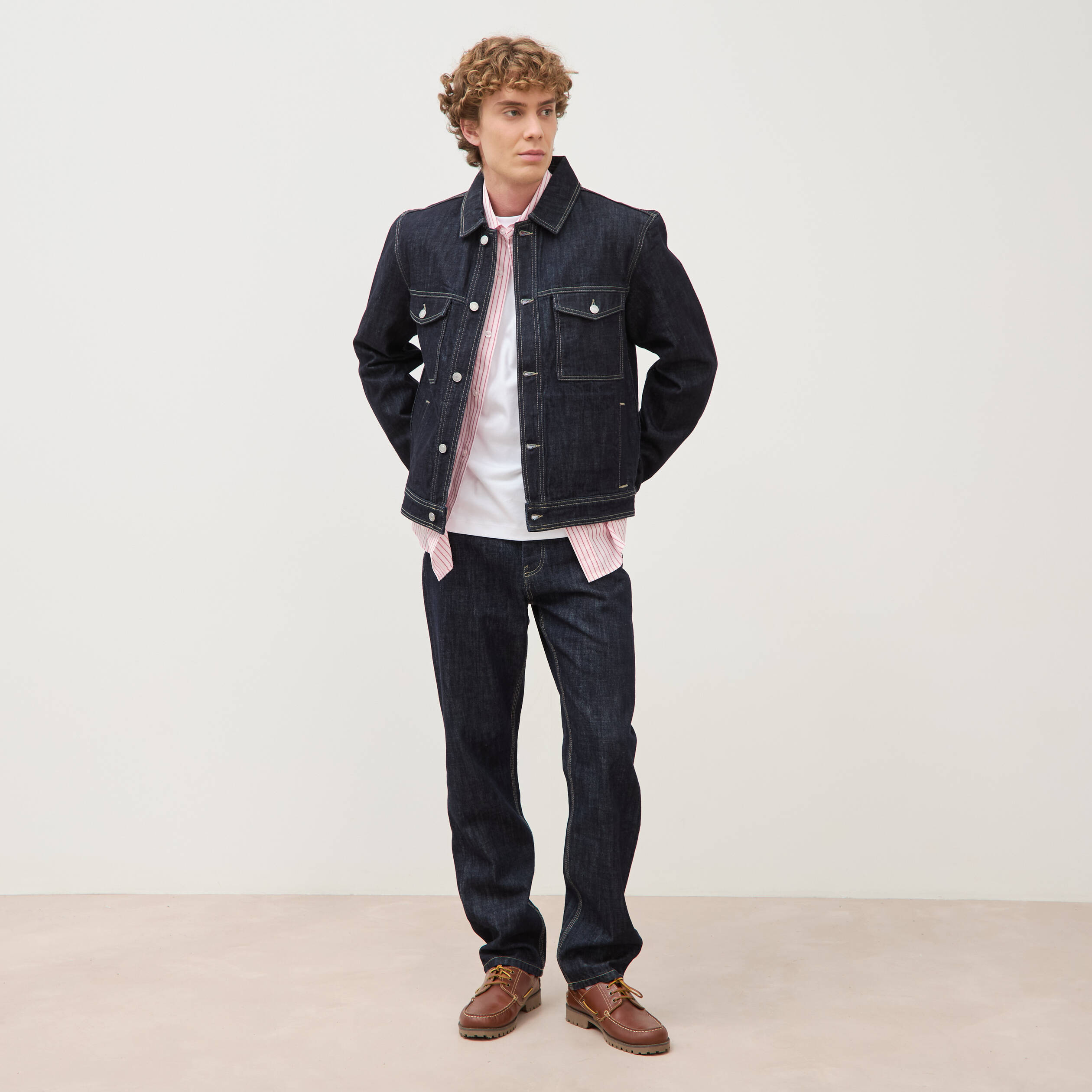 Veste droite en coton col classique denim brut rinse homme