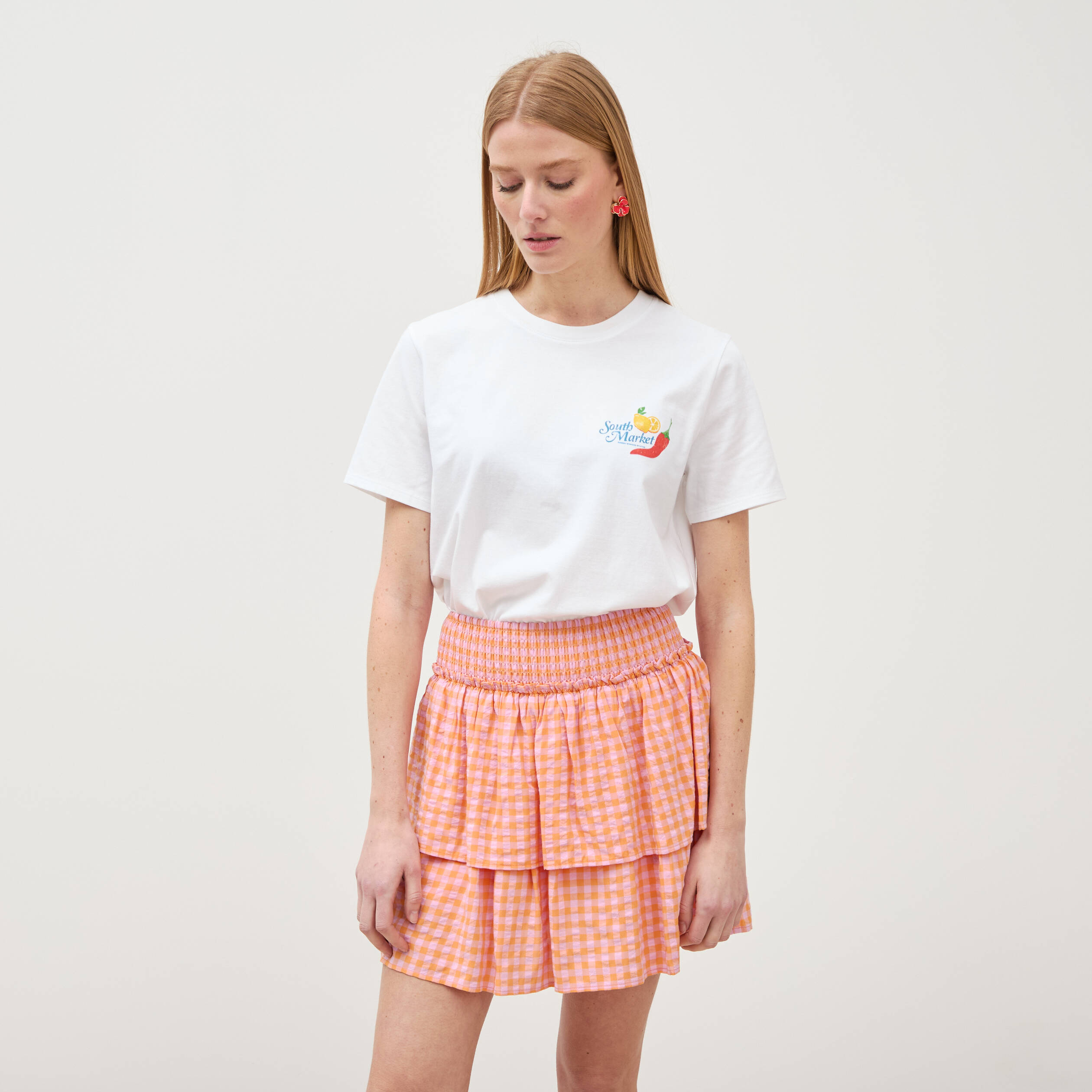 Jupe fluide &agrave; carreaux doubl&eacute;e orange abricot femme