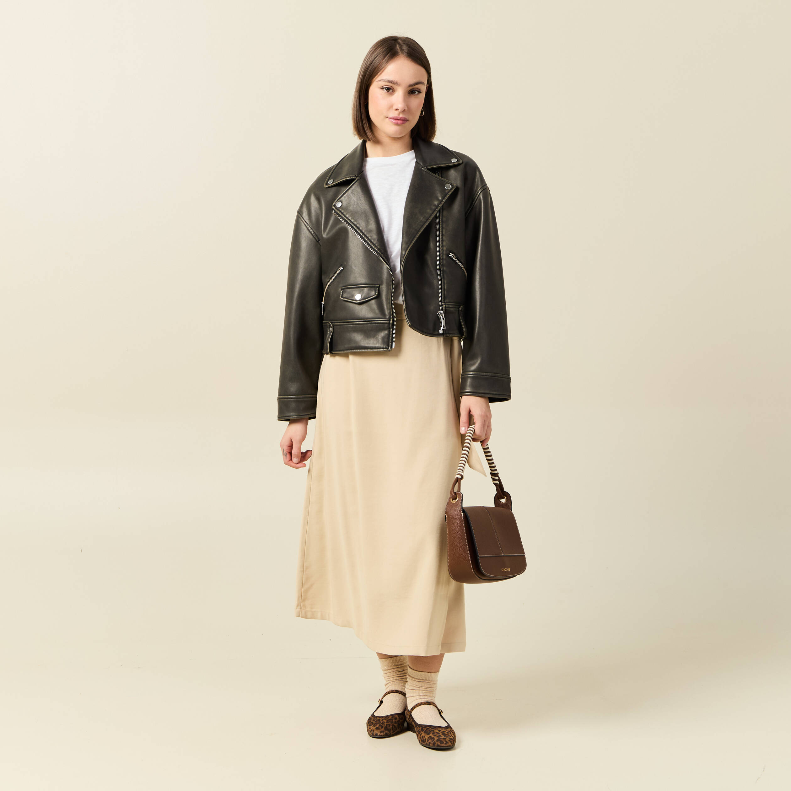 Jupe longue portefeuille beige femme