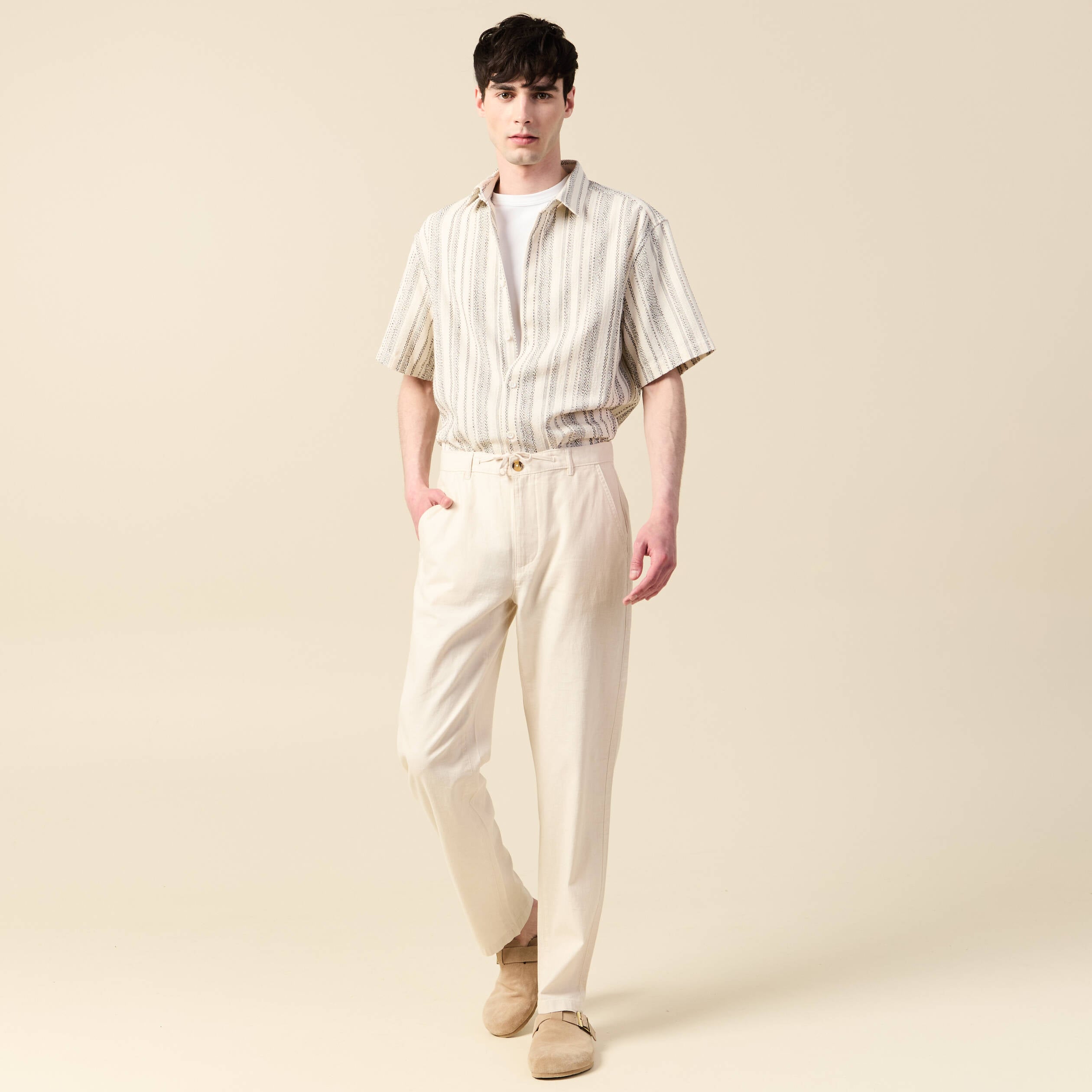 Chemise col classique manches courtes ecru homme