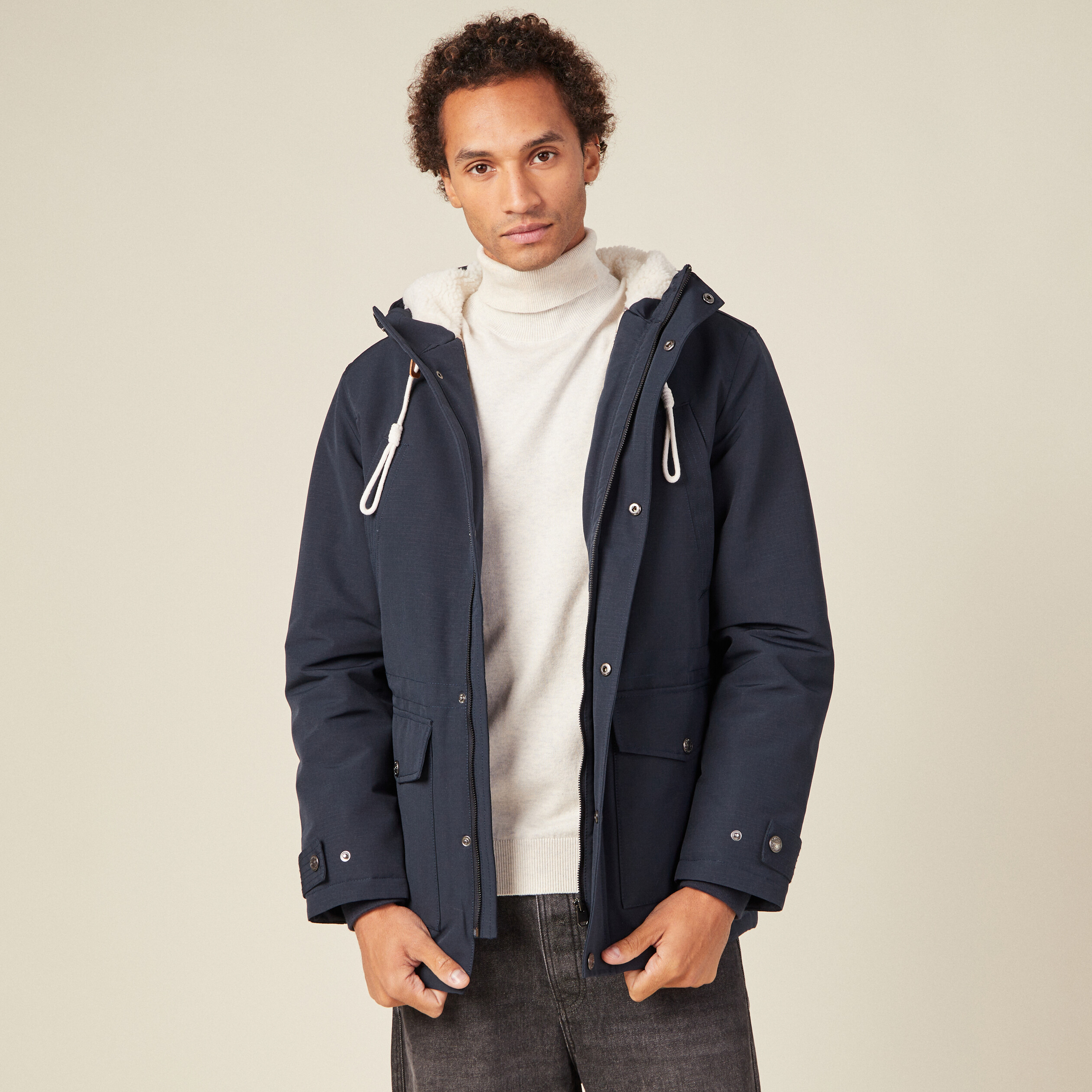 Parka droite à capuche bleu marine homme