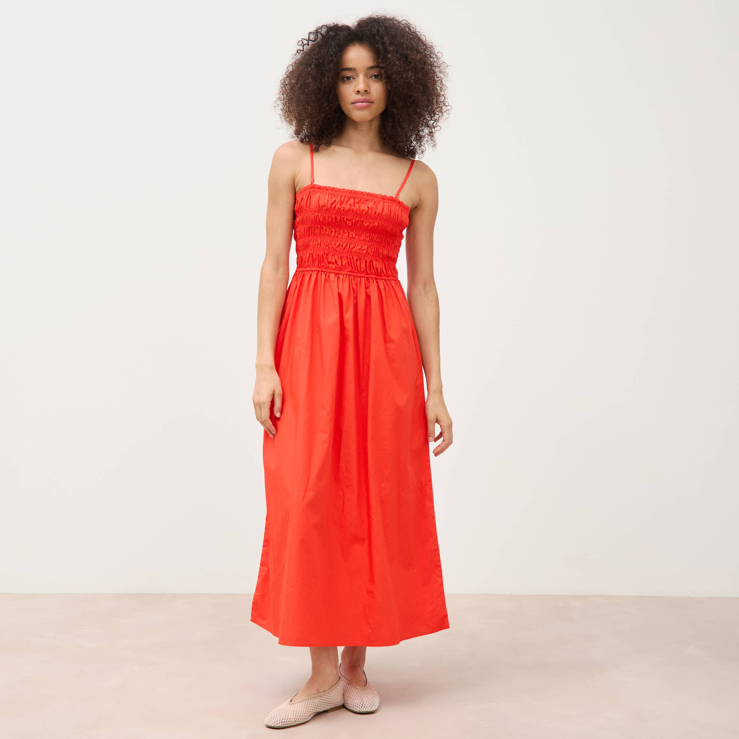 Robe bretelles col carr&eacute; en coton orange fonc&eacute; femme