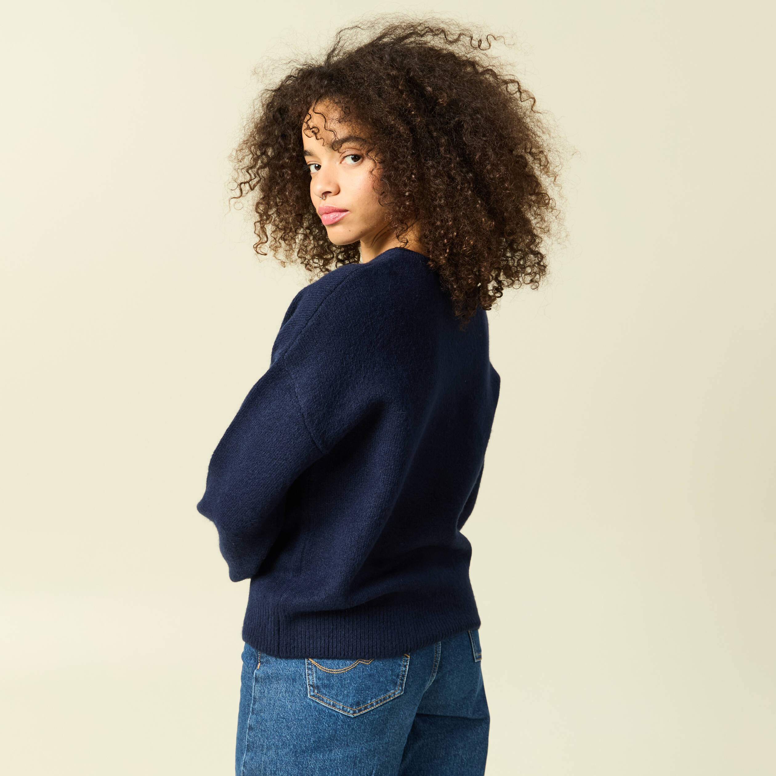 Pull col rond manches longues bleu marine femme