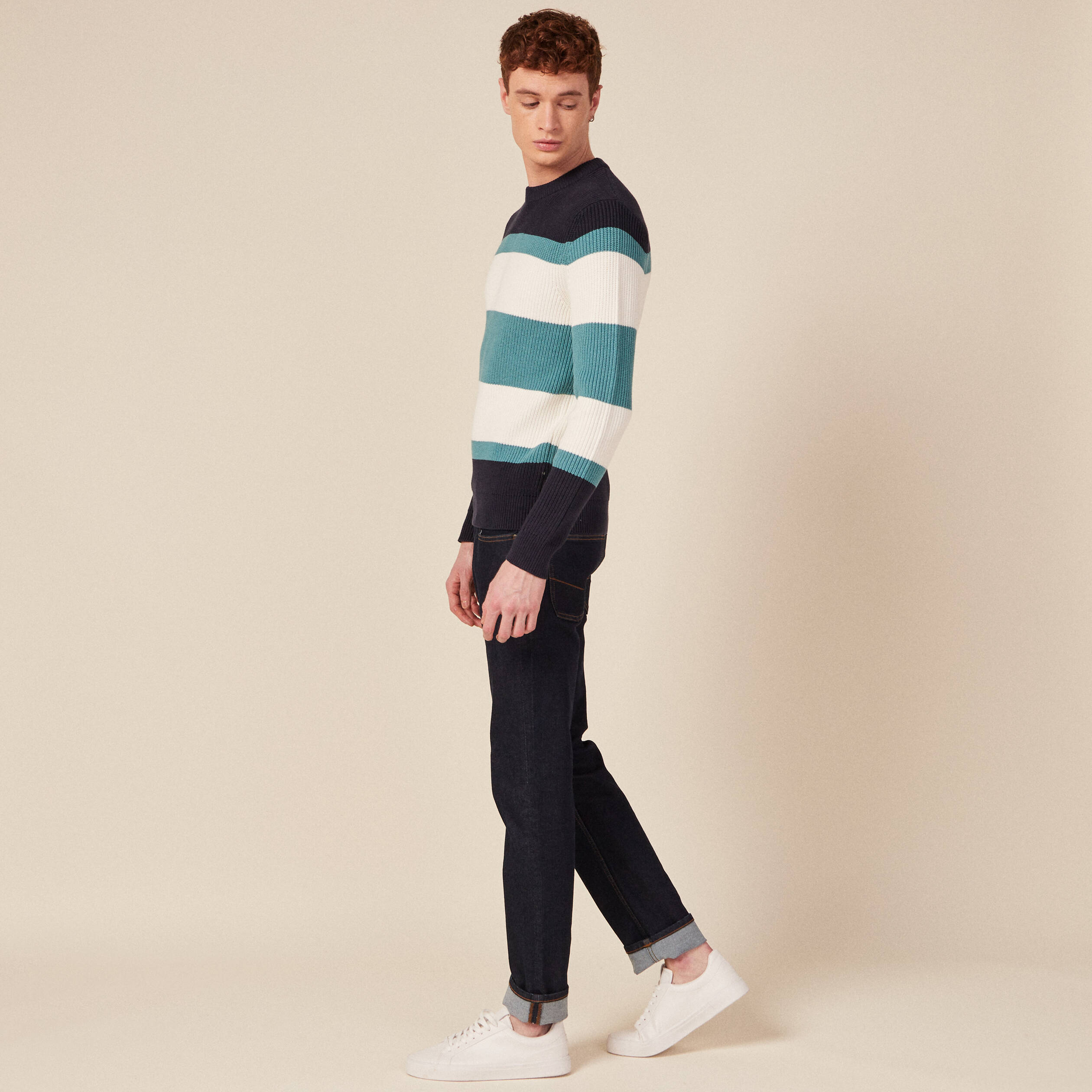 Pull fin col rond manches longues bleu p&eacute;trole homme