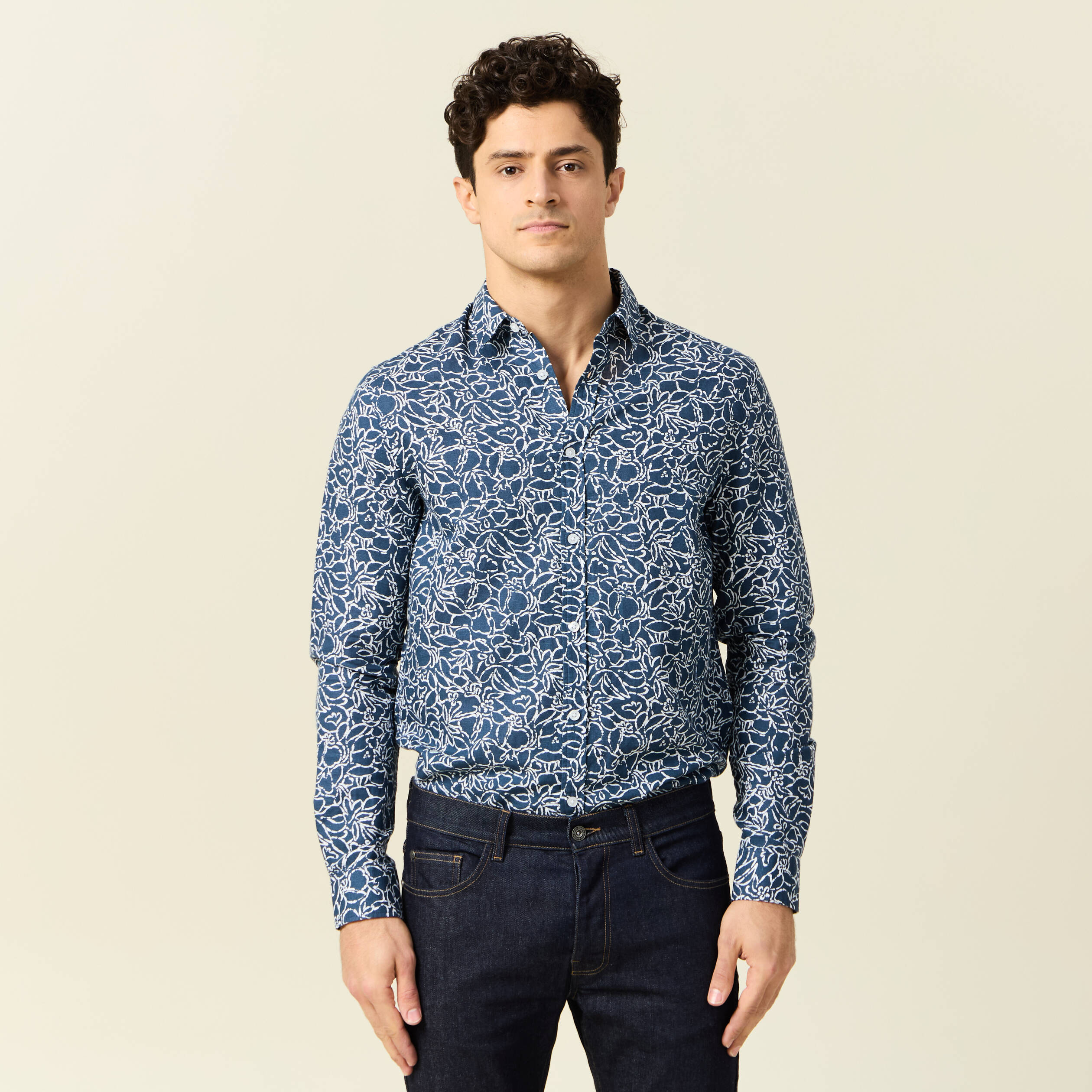 Chemise Homme Bonobos Coupe Standard - Bleu à Imprimé Poisson - Manches Longues - Taille M